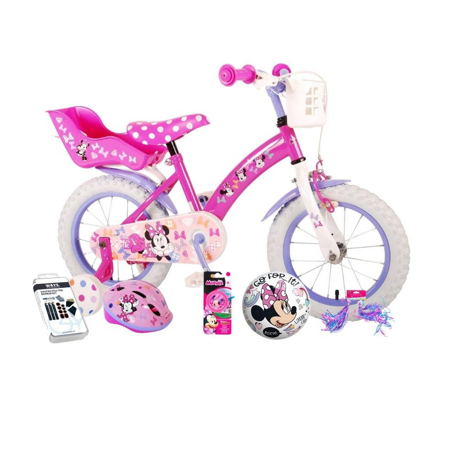 Volare Kinderfiets Minnie Mouse - 14 inch - Roze - Inclusief fietshelm en accessoires