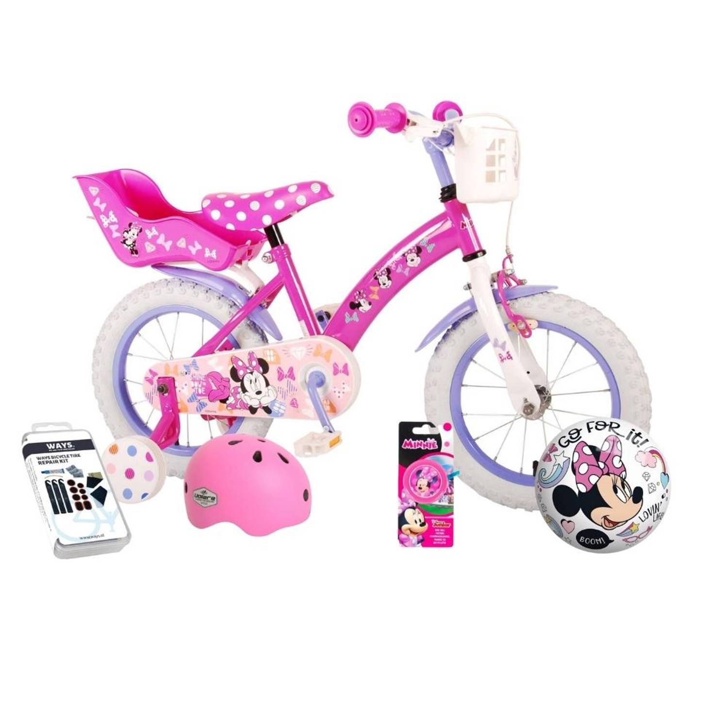 Volare Kinderfiets Minnie Mouse - 14 inch - Roze - Inclusief fietshelm & accessoires