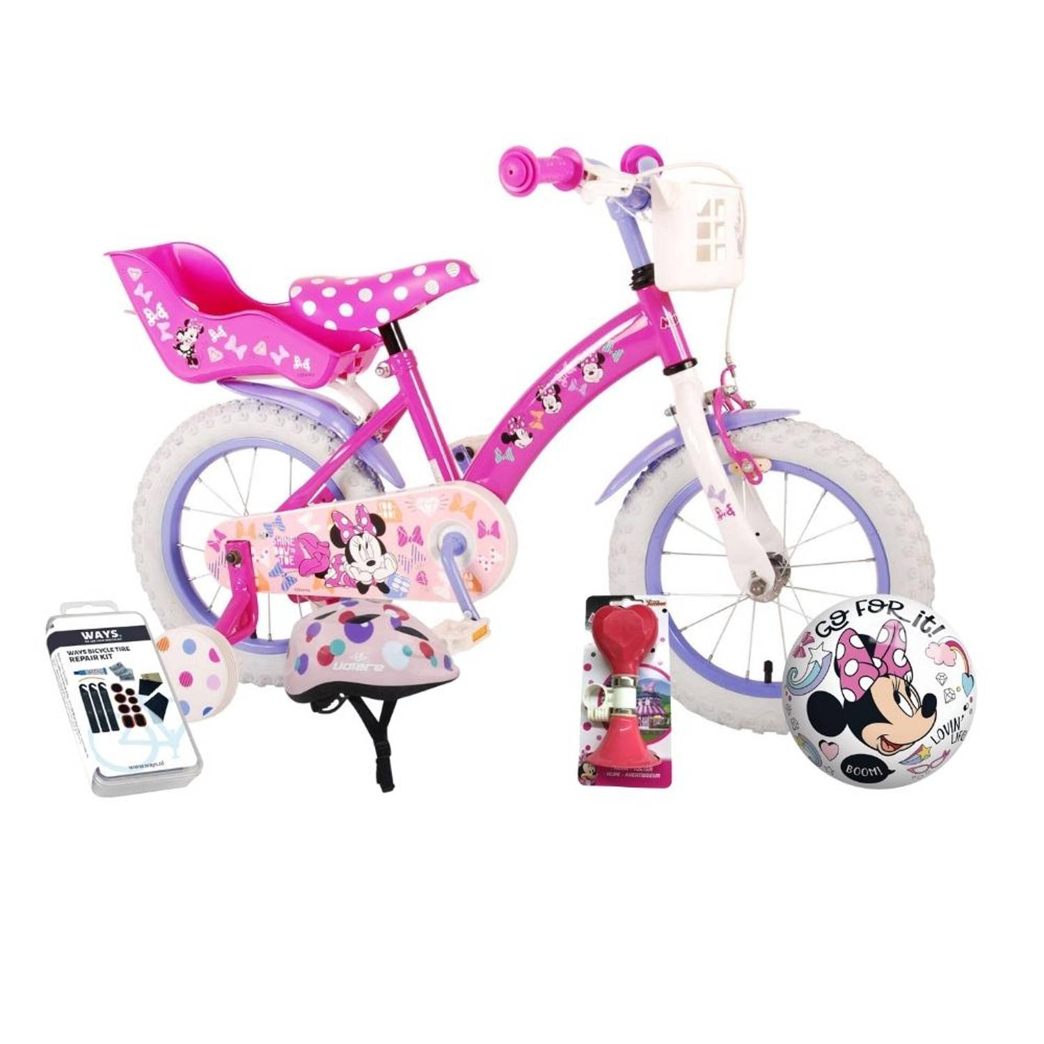 Volare Kinderfiets Minnie Mouse - 14 inch - Roze - Met fietshelm & accessoires