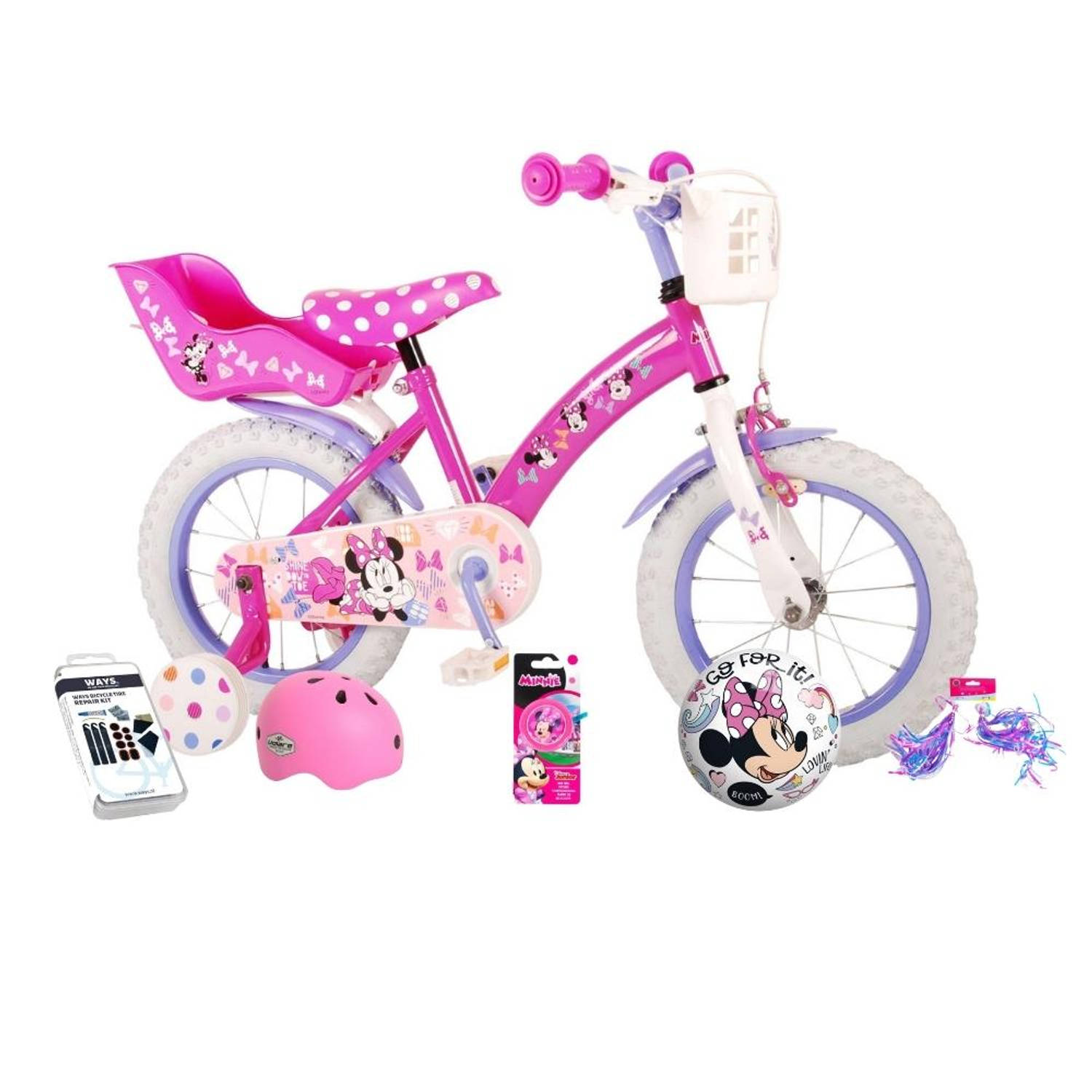 Volare Kinderfiets Minnie Mouse - 14 inch - Roze - Inclusief fietshelm + accessoires