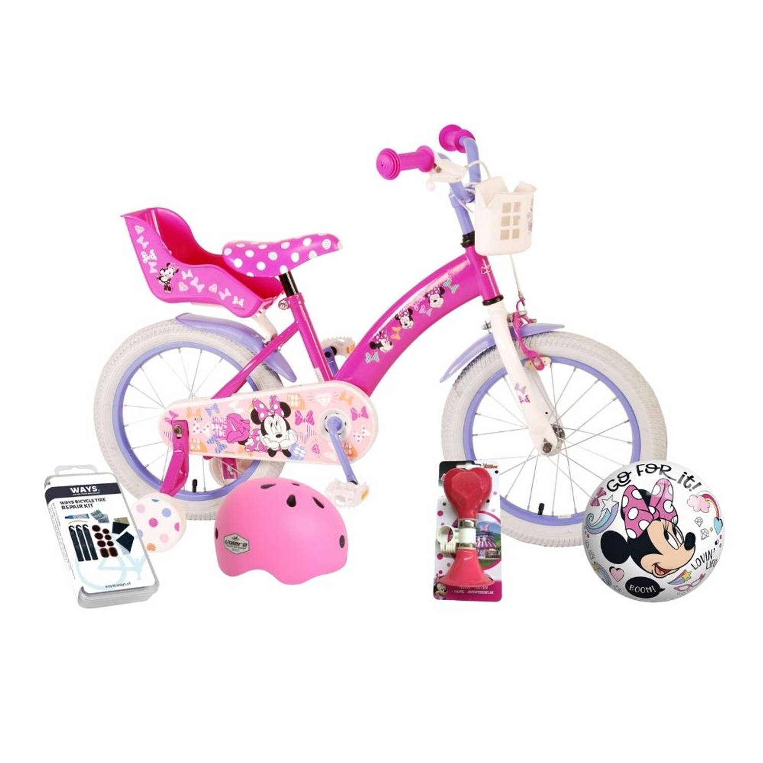 Volare Kinderfiets Minnie Mouse - 16 inch - Roze - Met fietshelm & accessoires