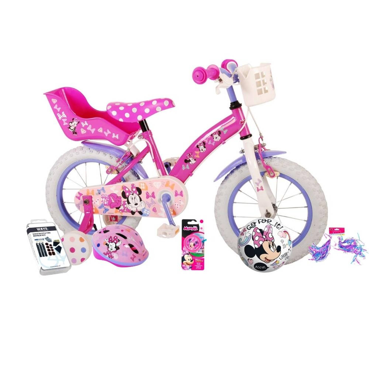 Volare Kinderfiets Minnie Mouse - 12 inch - Roze - Twee handremmen - Inclusief fietshelm en accessoires
