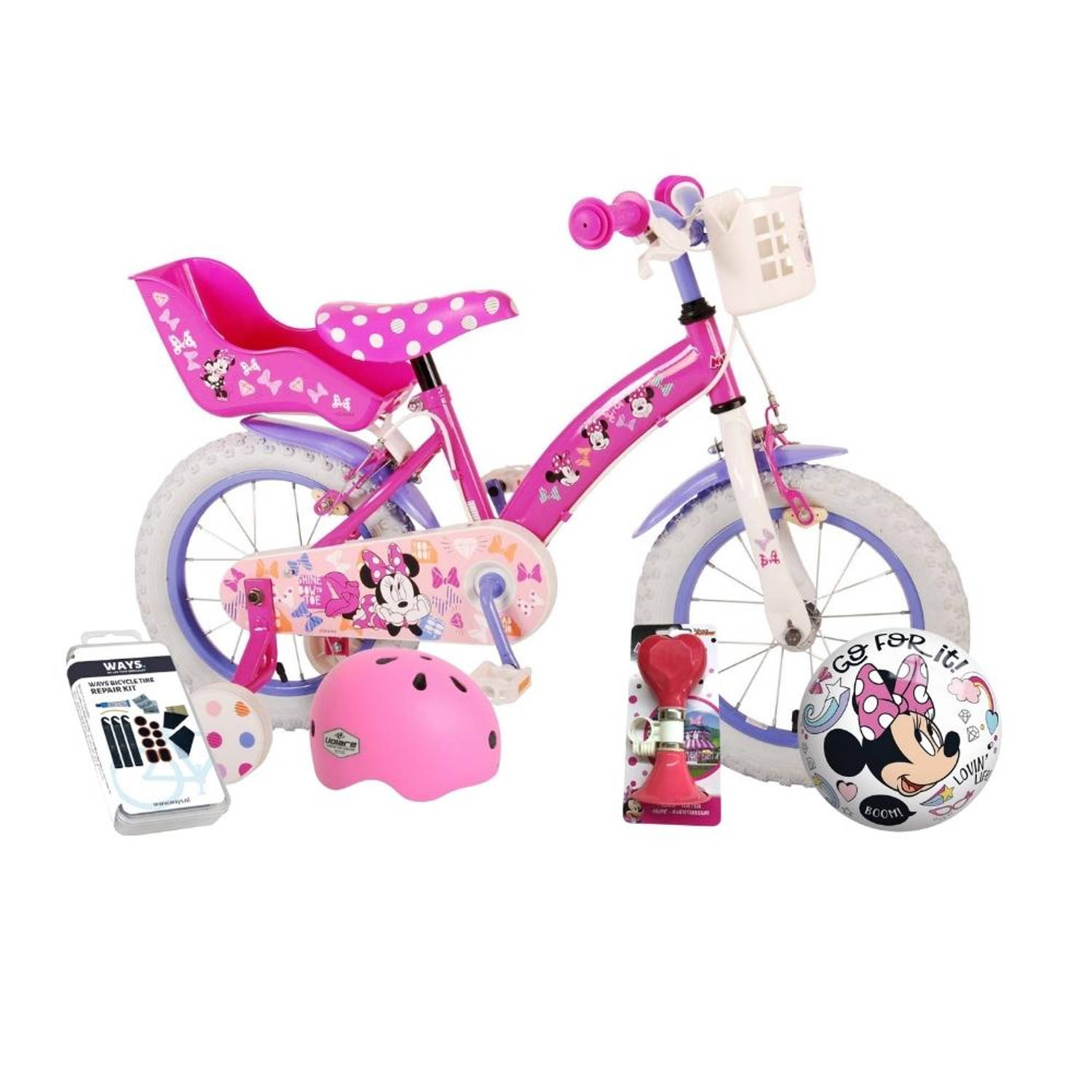 Volare Kinderfiets Minnie Mouse - 12 inch - Roze - Twee handremmen - Met fietshelm & accessoires