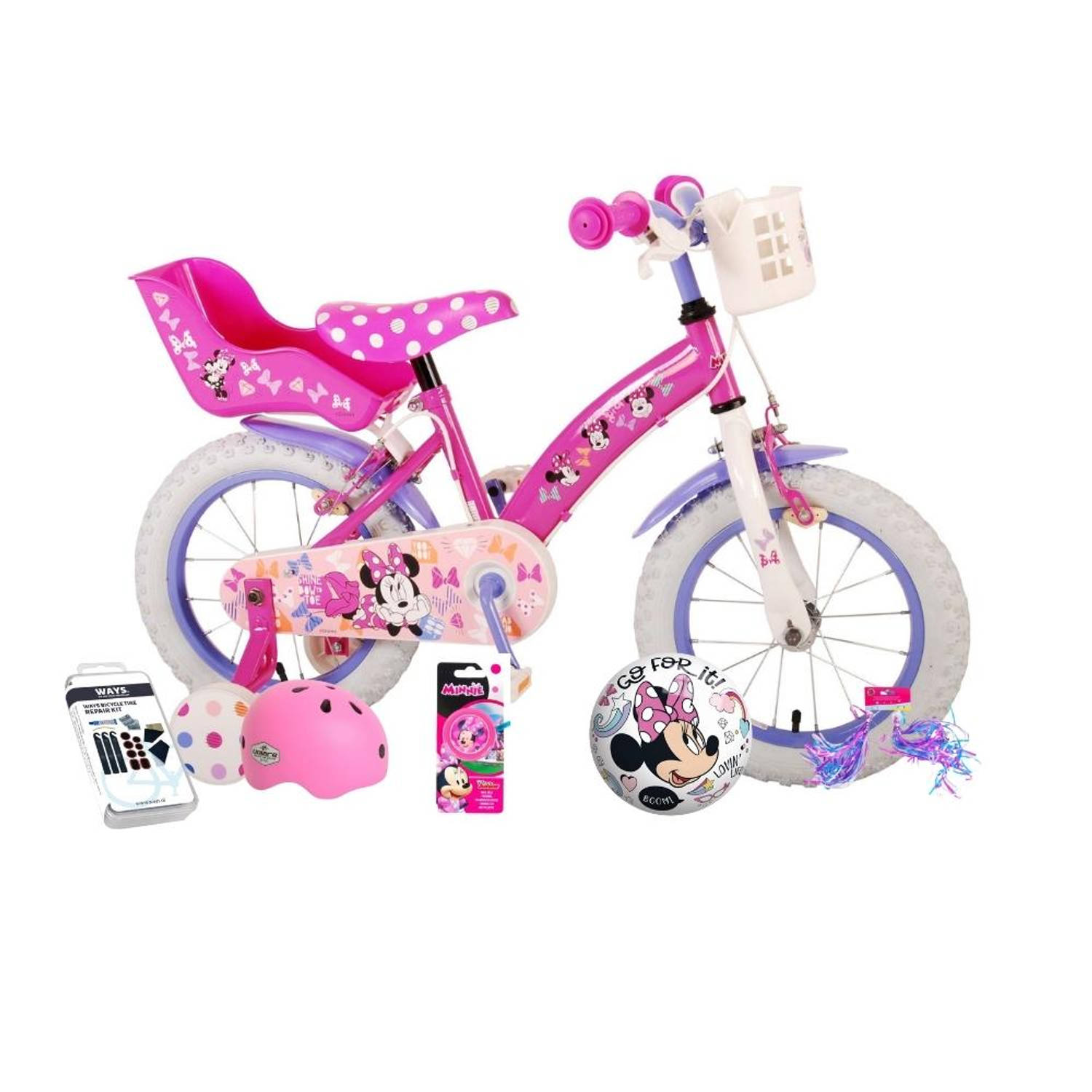 Volare Kinderfiets Minnie Mouse - 12 inch - Roze - Twee handremmen - Inclusief fietshelm + accessoires