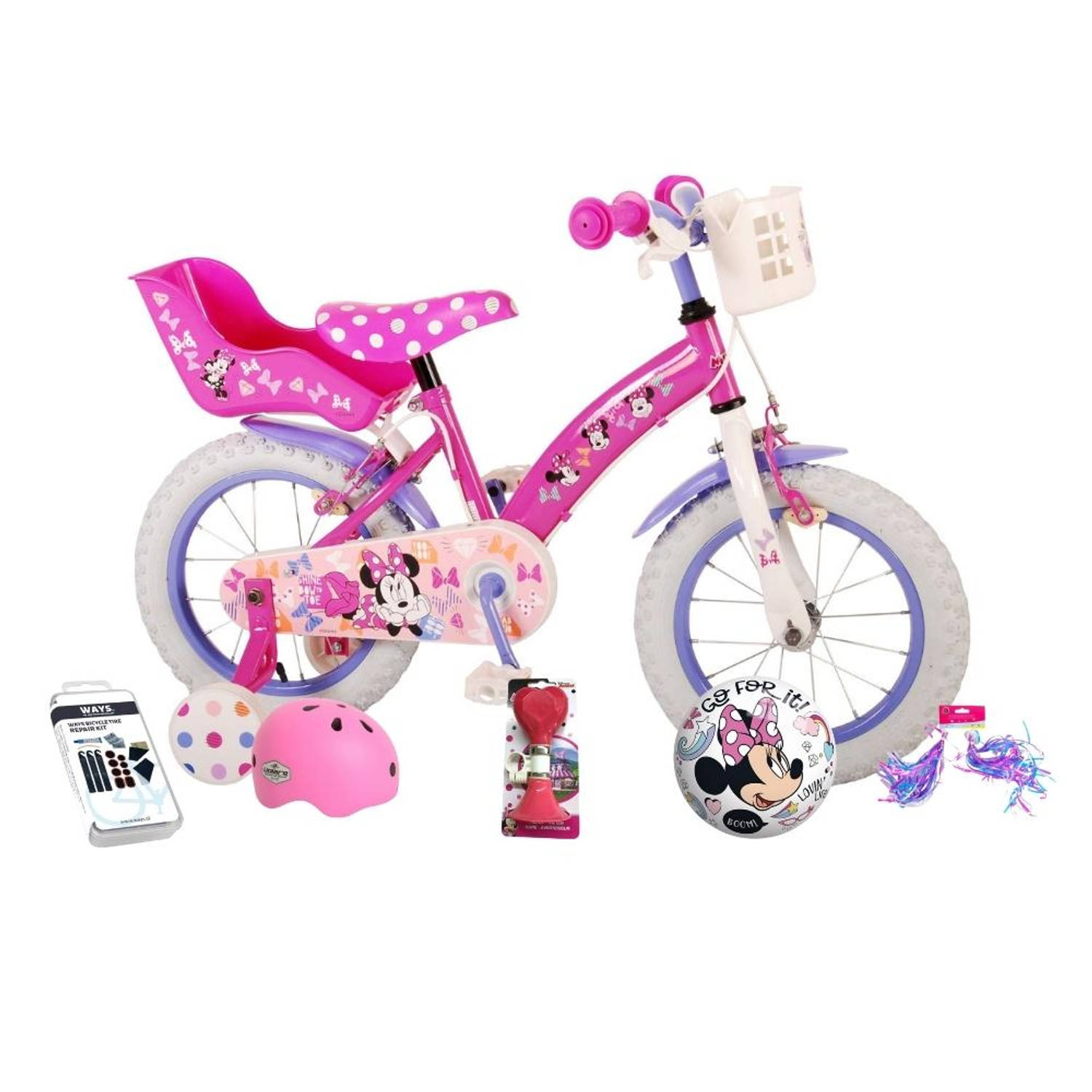 Volare Kinderfiets Minnie Mouse - 12 inch - Roze - Twee handremmen - Met fietshelm + accessoires