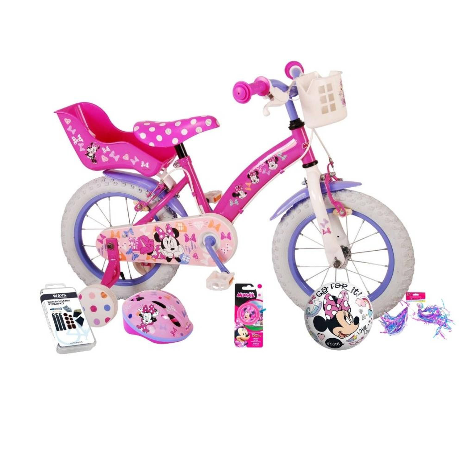Volare Kinderfiets Minnie Mouse - 14 inch - Roze - Twee handremmen - Inclusief fietshelm en accessoires