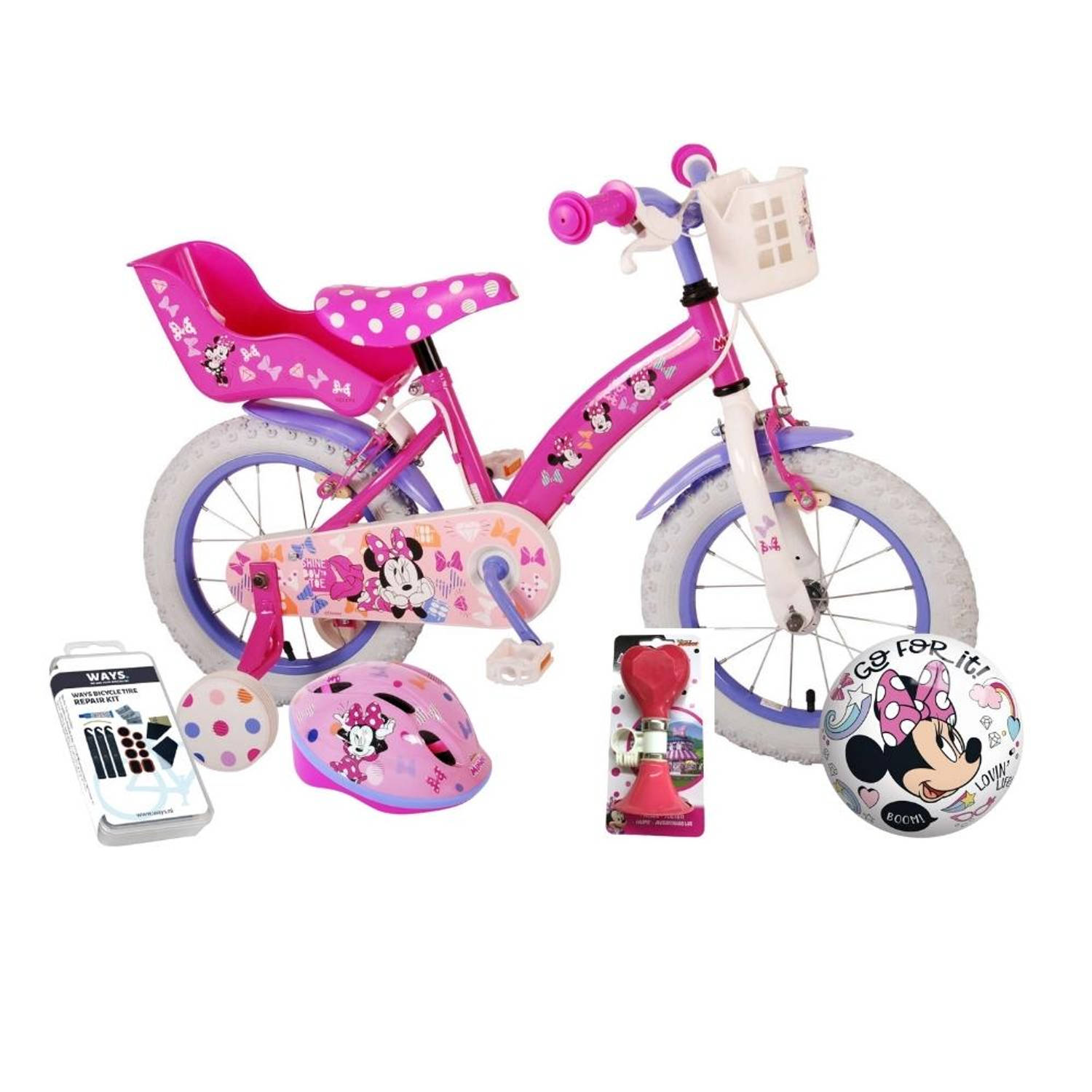 Volare Kinderfiets Minnie Mouse - 14 inch - Roze - Twee handremmen - Met fietshelm en accessoires