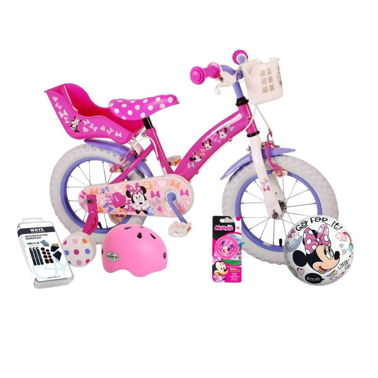 Volare Kinderfiets Minnie Mouse - 14 inch - Roze - Twee handremmen - Inclusief fietshelm & accessoires