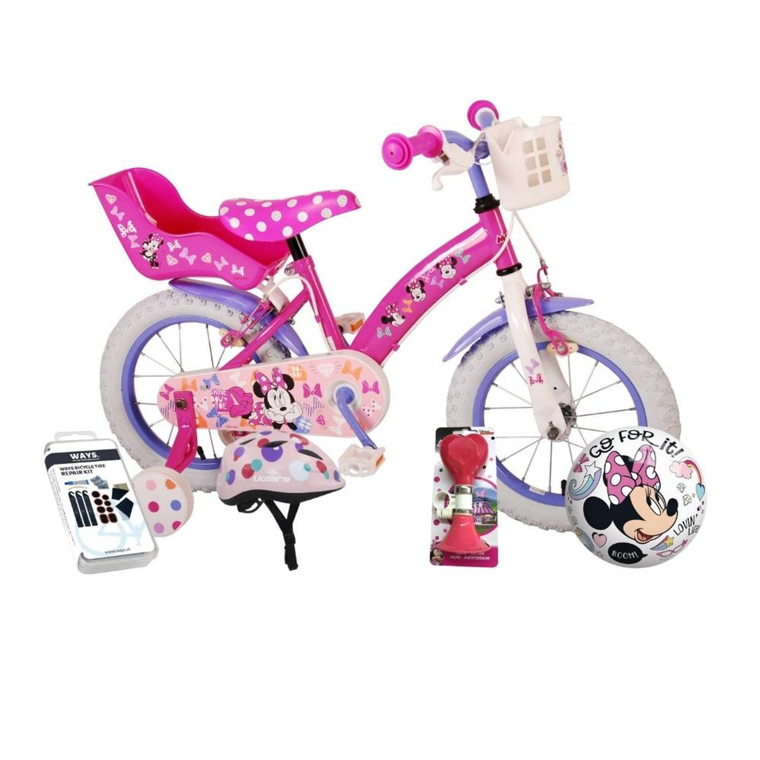 Volare Kinderfiets Minnie Mouse - 14 inch - Roze - Twee handremmen - Met fietshelm & accessoires