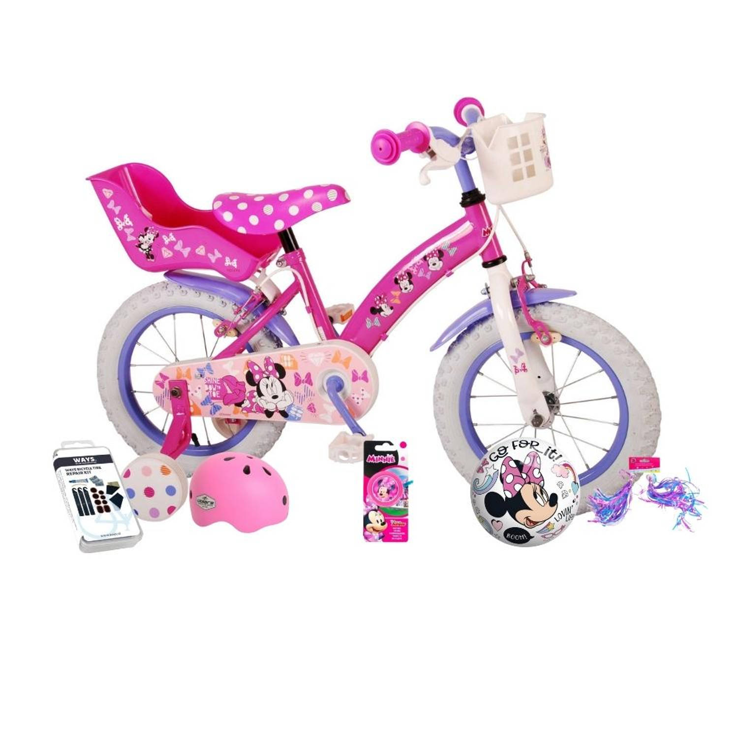 Volare Kinderfiets Minnie Mouse - 14 inch - Roze - Twee handremmen - Inclusief fietshelm + accessoires