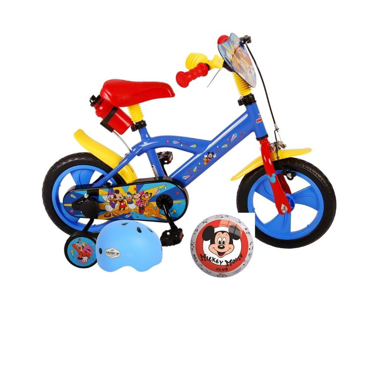 Volare Kinderfiets Mickey Mouse - 12 inch - Doortrapper - Met bidonhouder - Inclusief fietshelm en accessoires