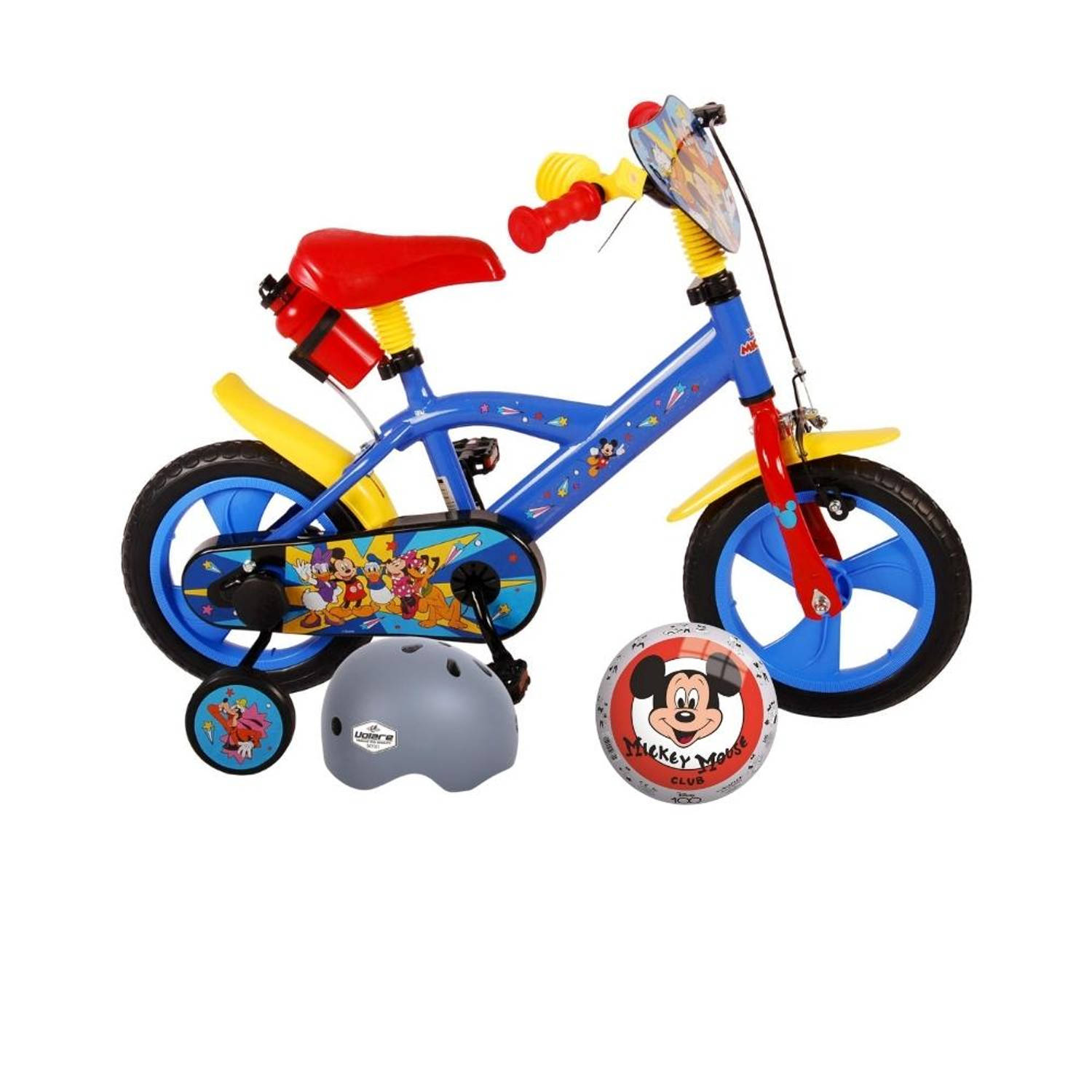 Volare Kinderfiets Mickey Mouse - 12 inch - Doortrapper - Met bidonhouder - Met fietshelm en accessoires