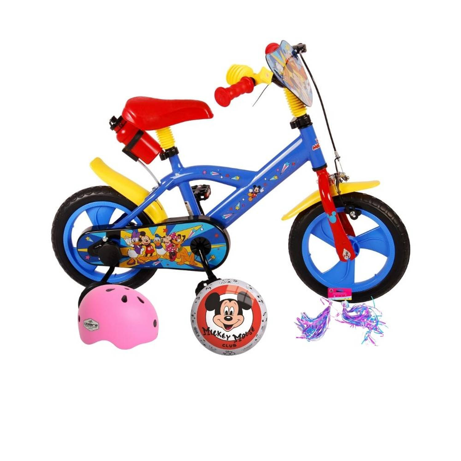 Volare Kinderfiets Mickey Mouse - 12 inch - Doortrapper - Met bidonhouder - Inclusief fietshelm & accessoires