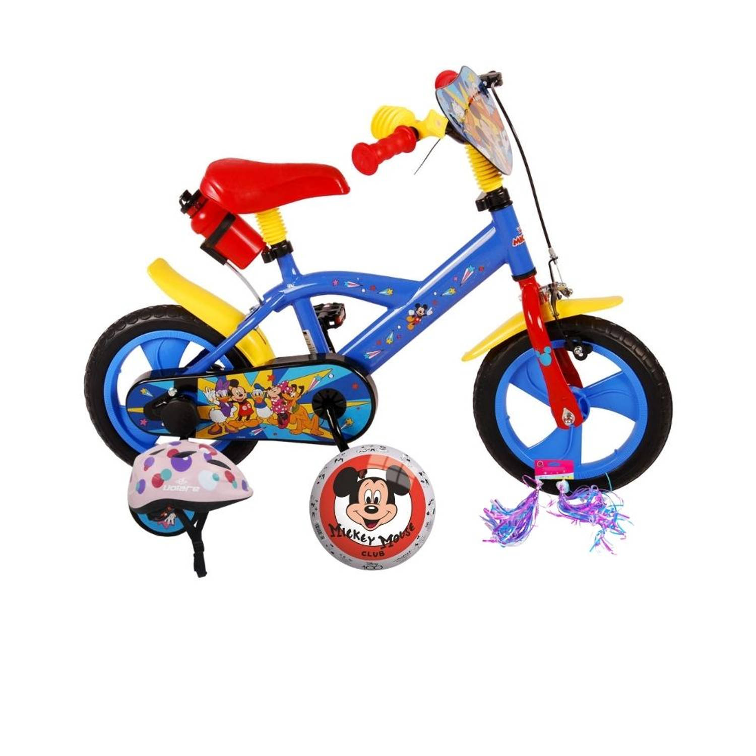 Volare Kinderfiets Mickey Mouse - 12 inch - Doortrapper - Met bidonhouder - Met fietshelm & accessoires