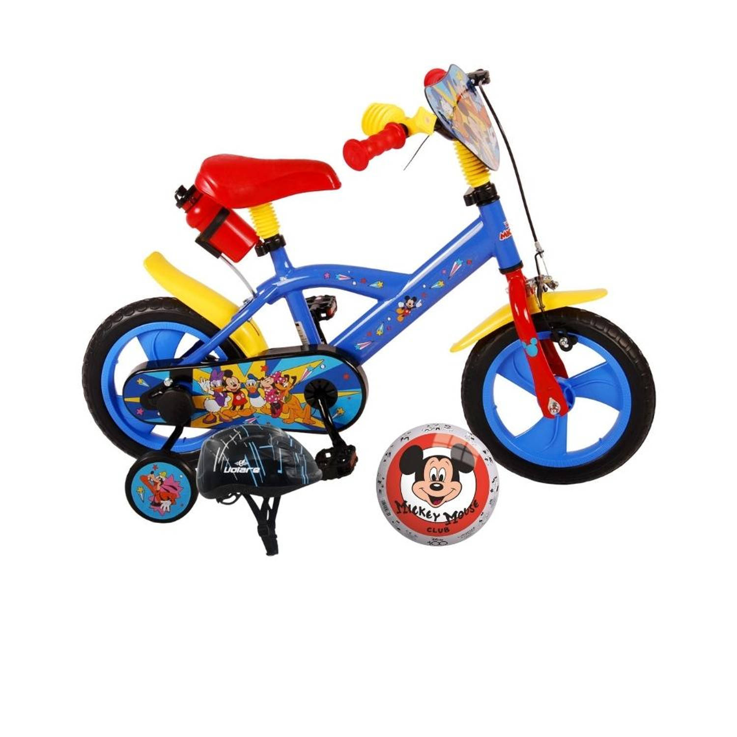 Volare Kinderfiets Mickey Mouse - 12 inch - Doortrapper - Met bidonhouder - Inclusief fietshelm + accessoires