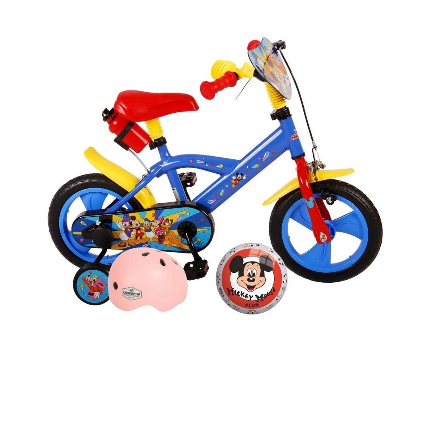 Volare Kinderfiets Mickey Mouse - 12 inch - Doortrapper - Met bidonhouder + Inclusief fietshelm + accessoires
