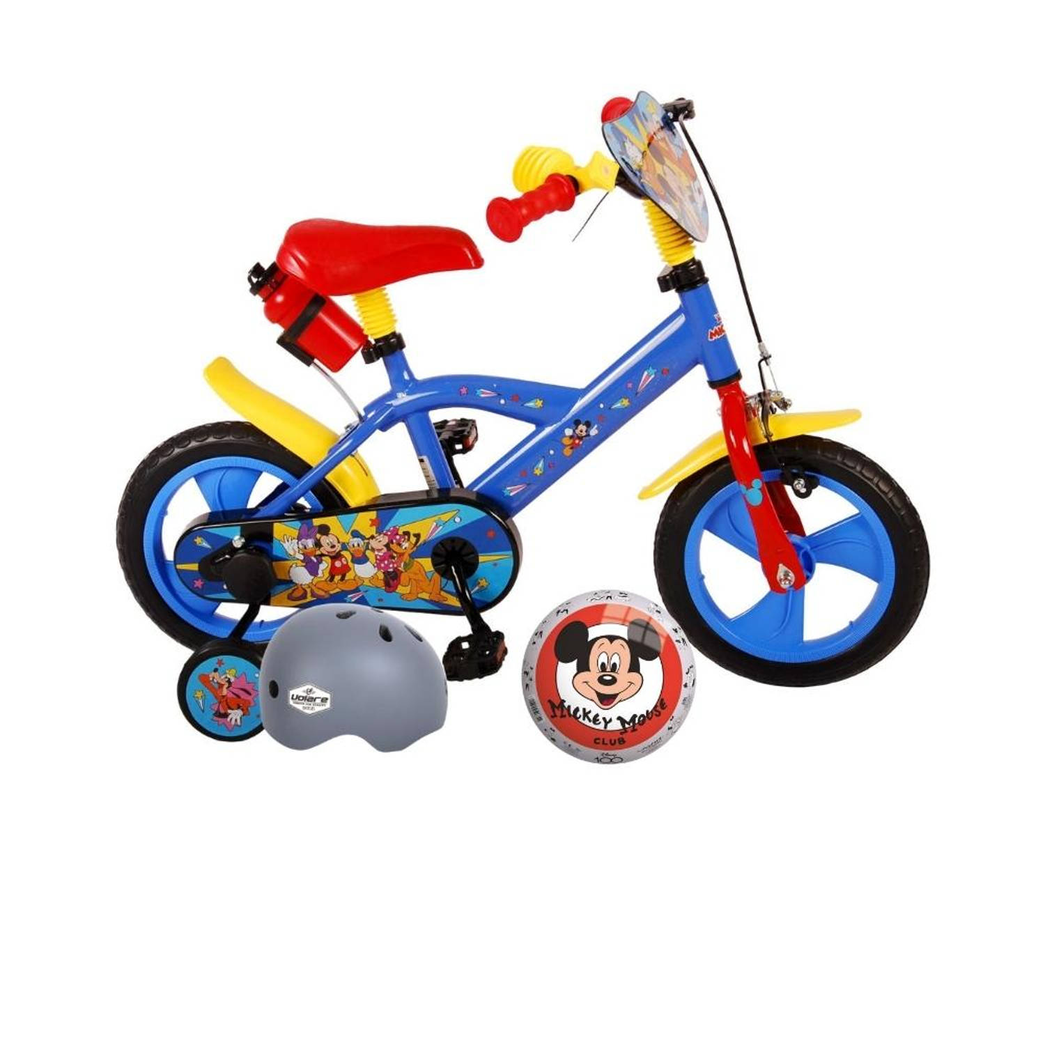 Volare Kinderfiets Mickey Mouse - 12 inch - Doortrapper - Met bidonhouder + Met fietshelm + accessoires