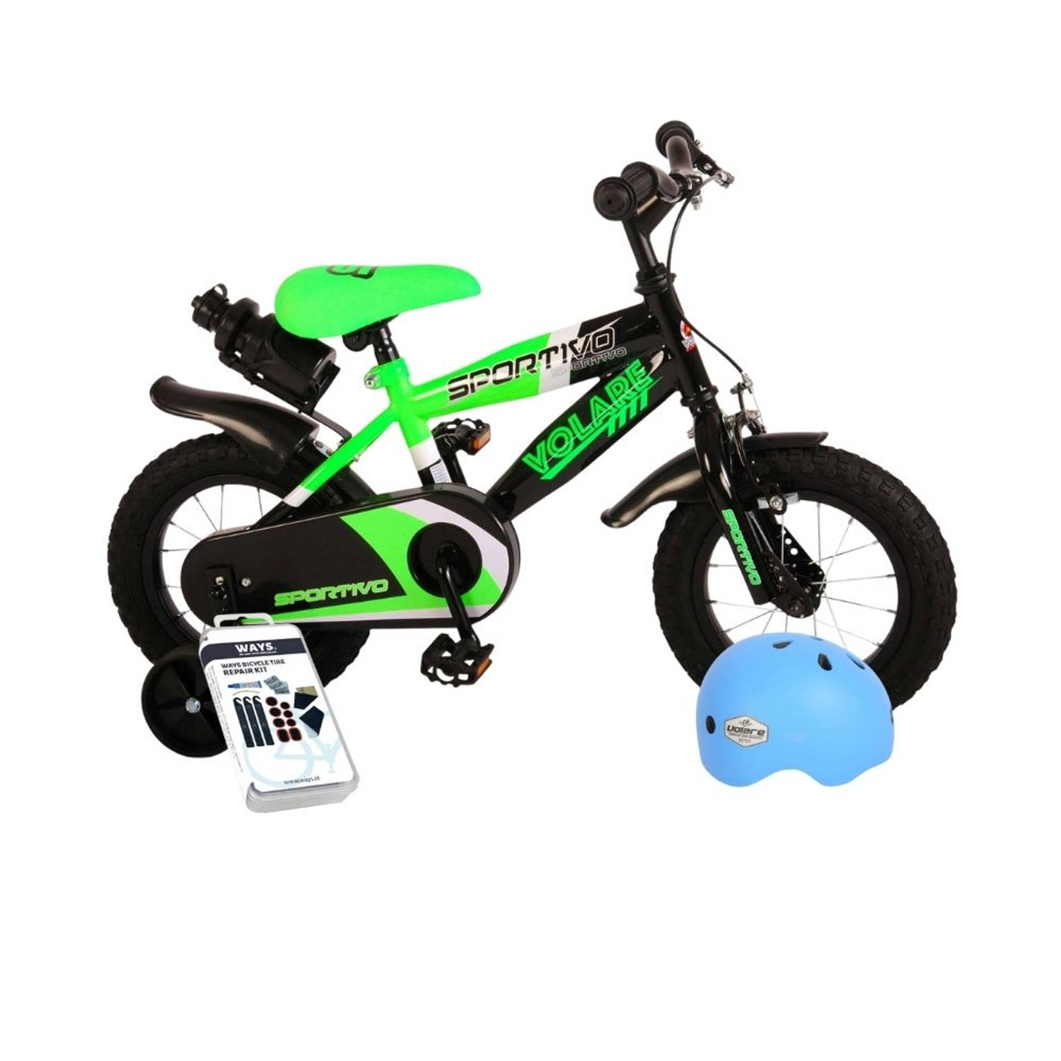 Volare Kinderfiets Sportivo - 12 inch - Groen/Zwart - Inclusief fietshelm & accessoires