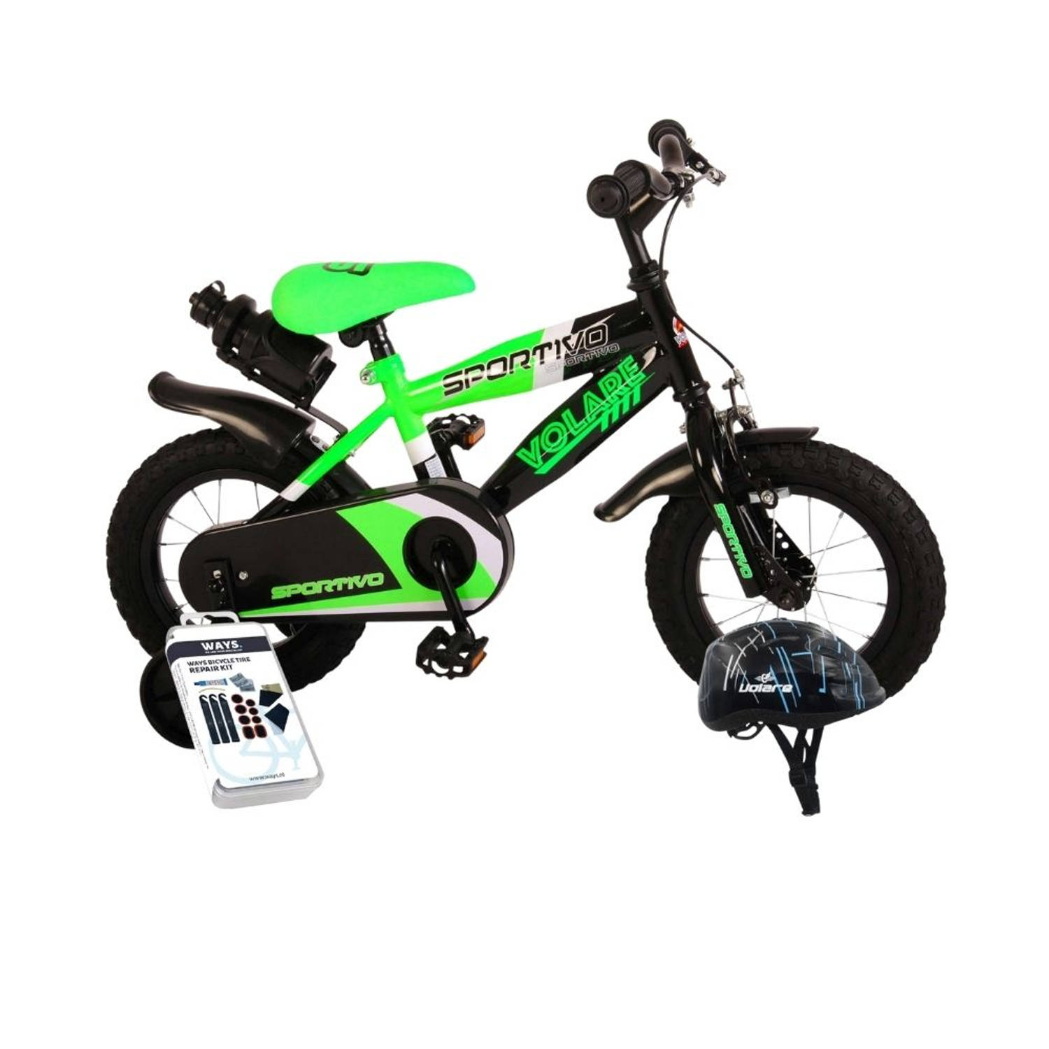 Volare Kinderfiets Sportivo - 12 inch - Groen/Zwart - Met fietshelm & accessoires