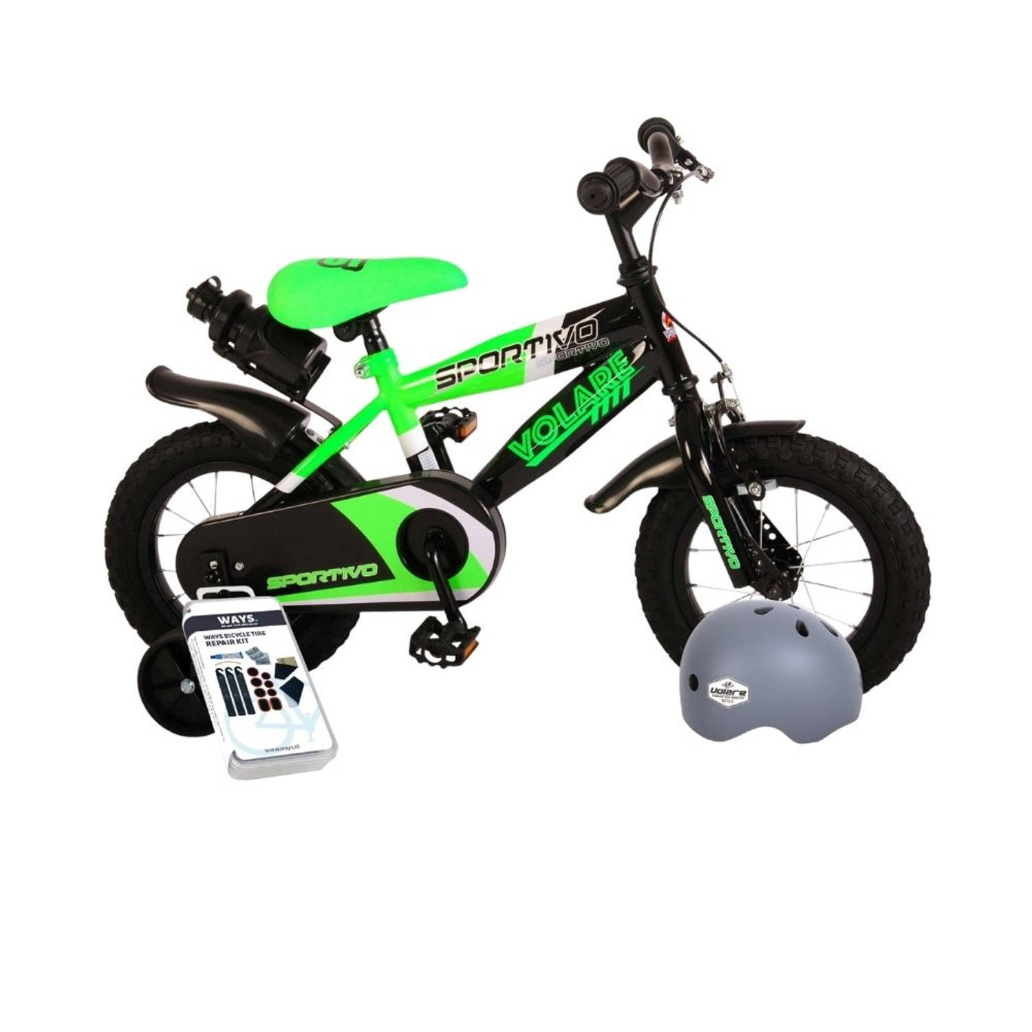 Volare Kinderfiets Sportivo - 12 inch - Groen/Zwart - Inclusief fietshelm + accessoires