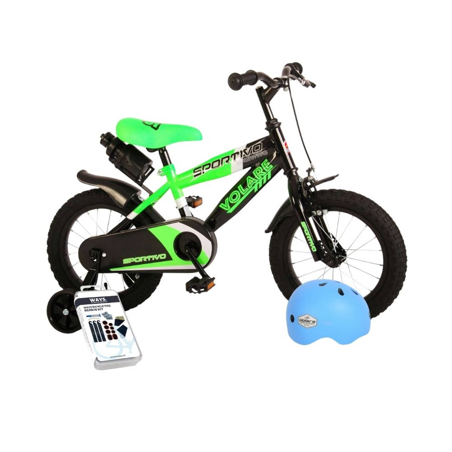 Volare Kinderfiets Sportivo - 14 inch - Groen/Zwart - Inclusief fietshelm & accessoires