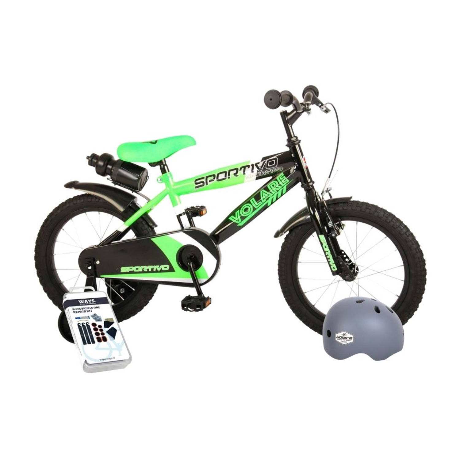Volare Kinderfiets Sportivo - 16 inch - Groen/Zwart - Met fietshelm en accessoires