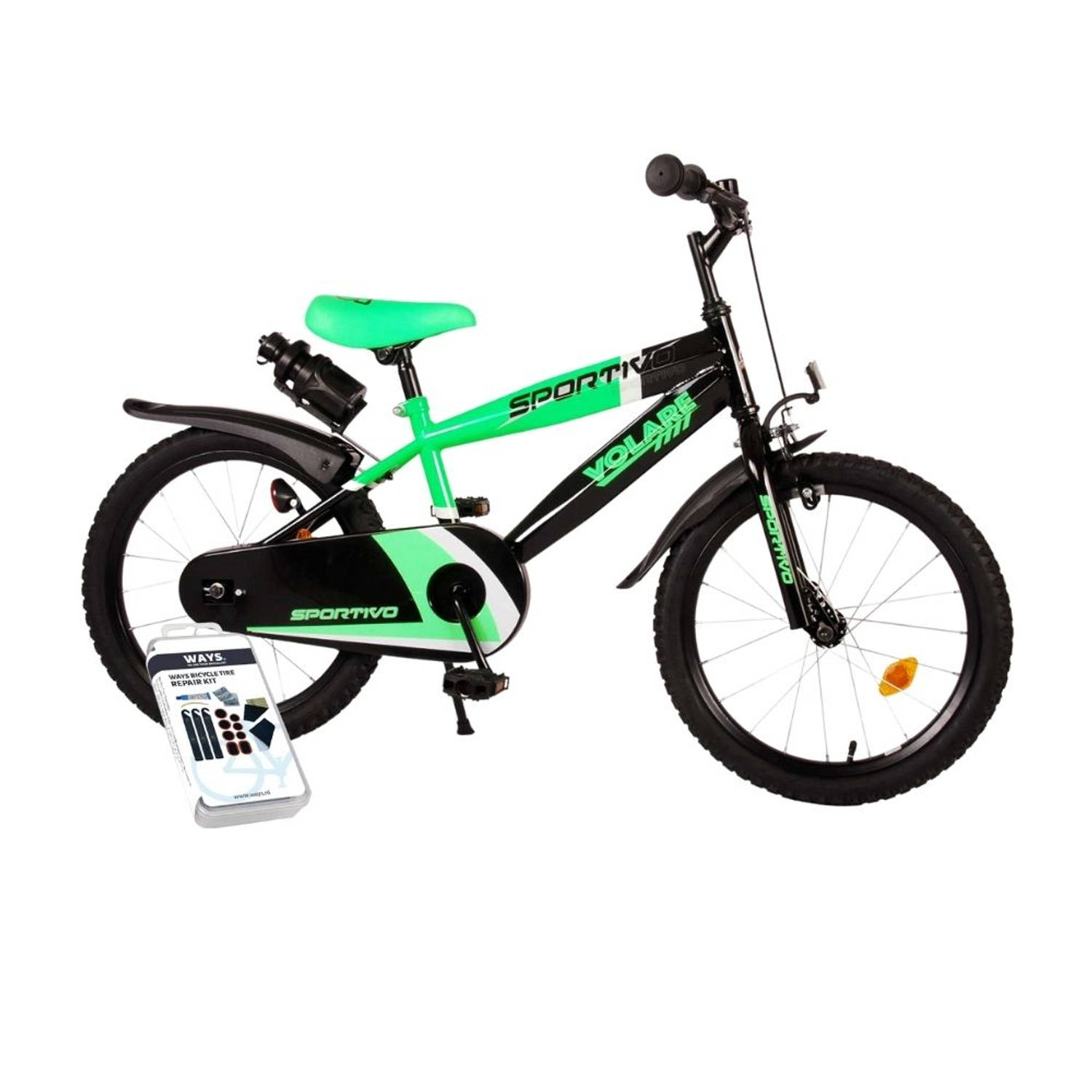 Volare Kinderfiets Sportivo - 18 inch - Groen/Zwart - Inclusief WAYS Bandenplakset