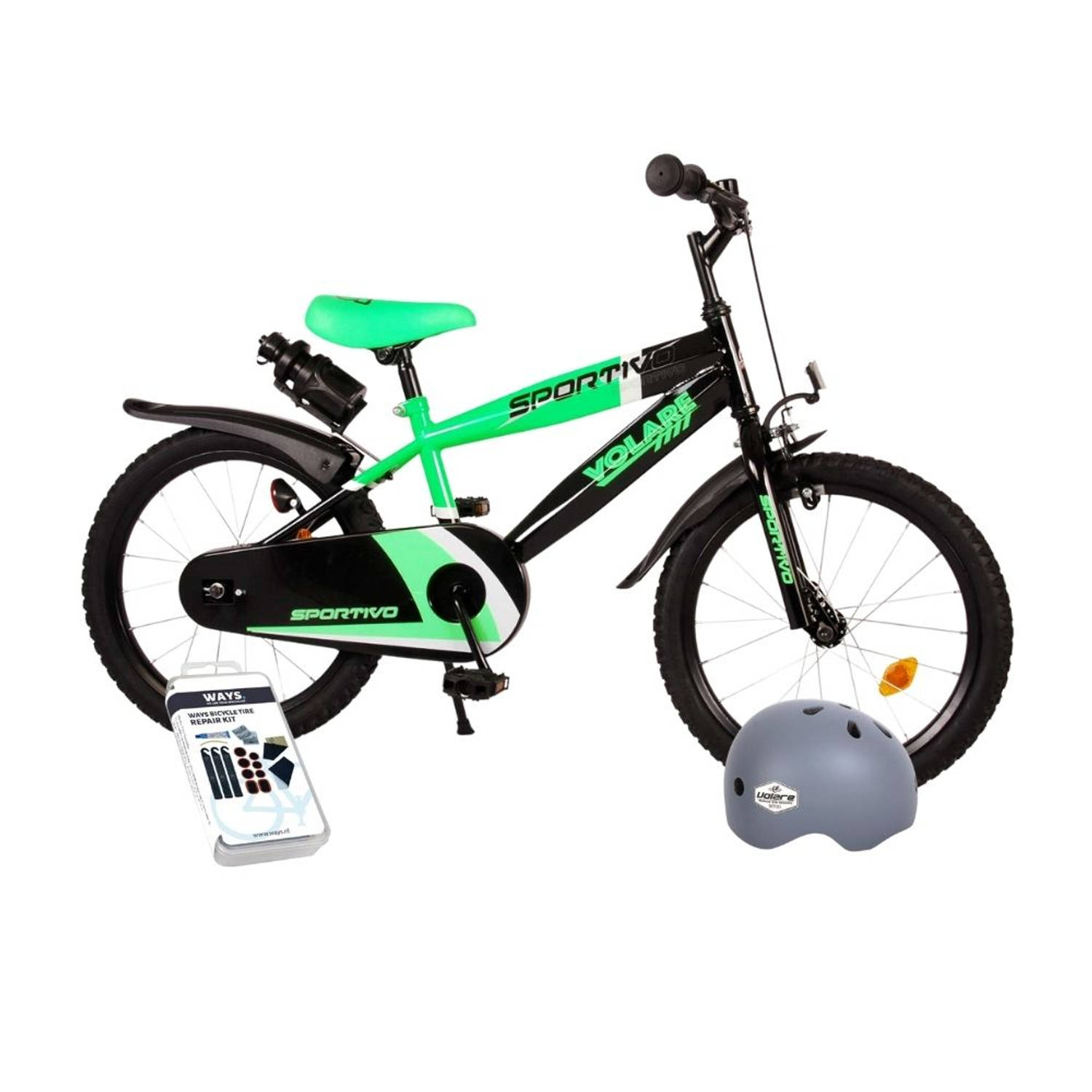 Volare Kinderfiets Sportivo - 18 inch - Groen/Zwart - Met fietshelm en accessoires