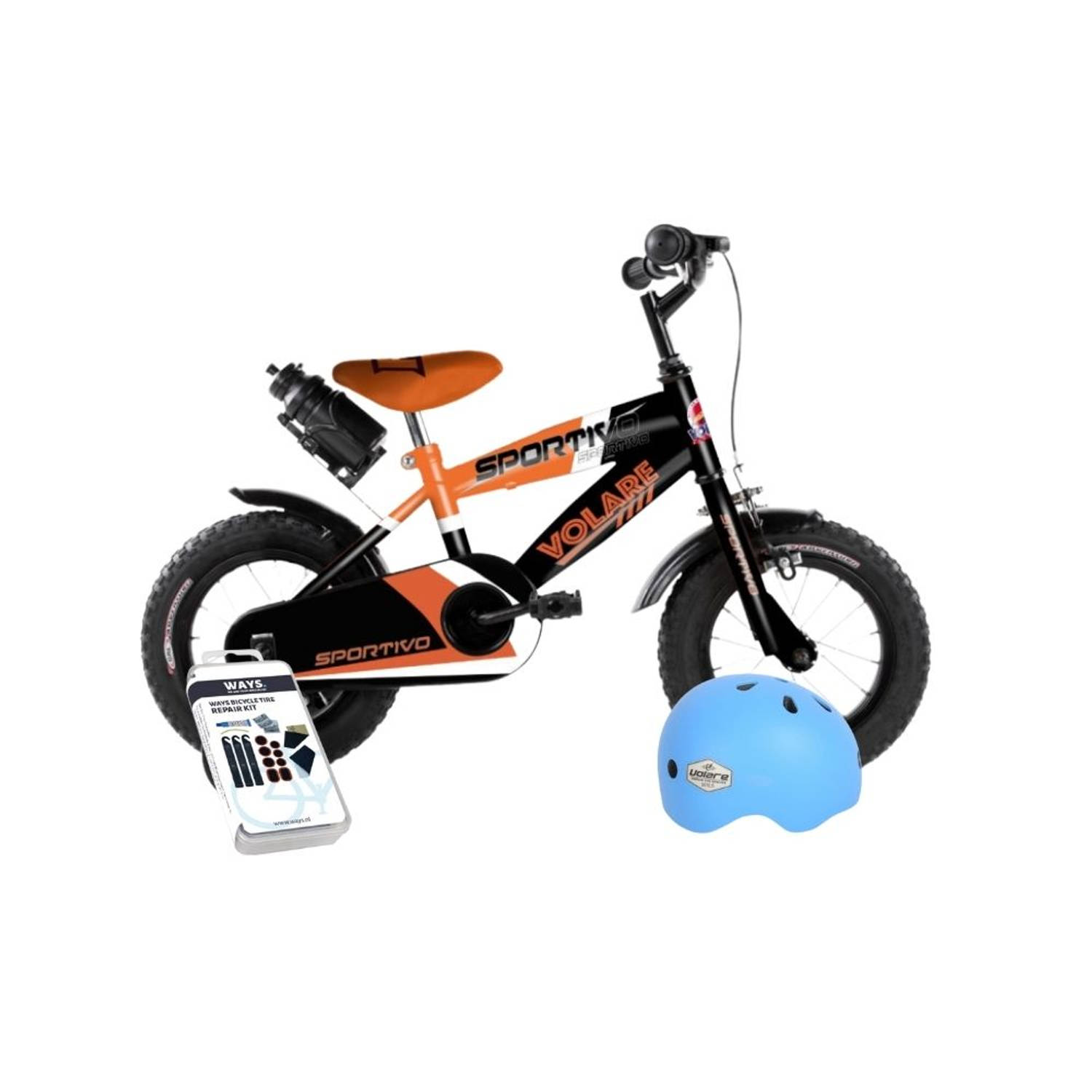 Volare Kinderfiets Sportivo - 12 inch - Oranje/Zwart - Inclusief fietshelm & accessoires