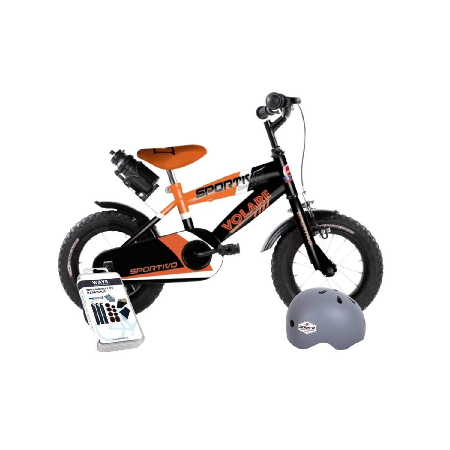 Volare Kinderfiets Sportivo - 12 inch - Oranje/Zwart - Inclusief fietshelm + accessoires