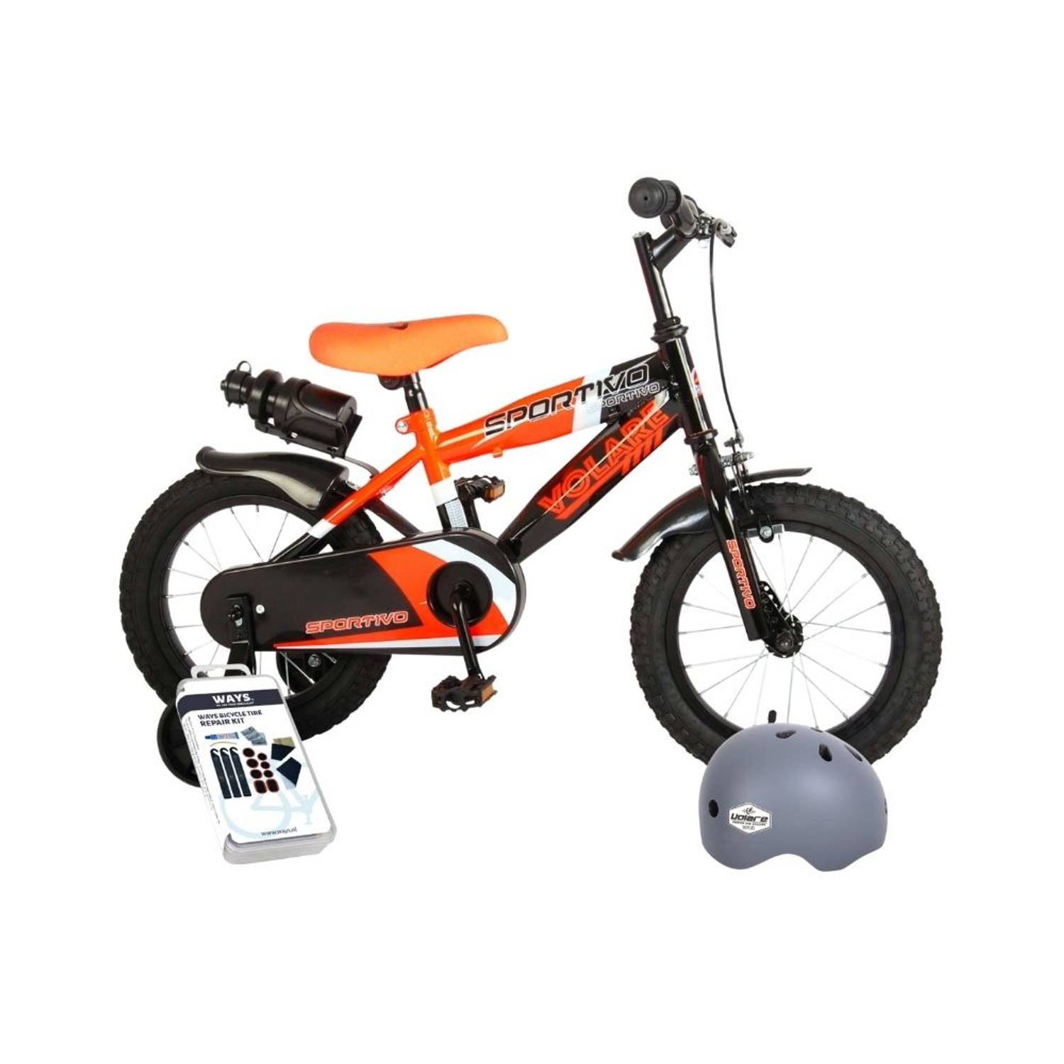 Volare Kinderfiets Sportivo - 14 inch - Oranje/Zwart - Met fietshelm en accessoires