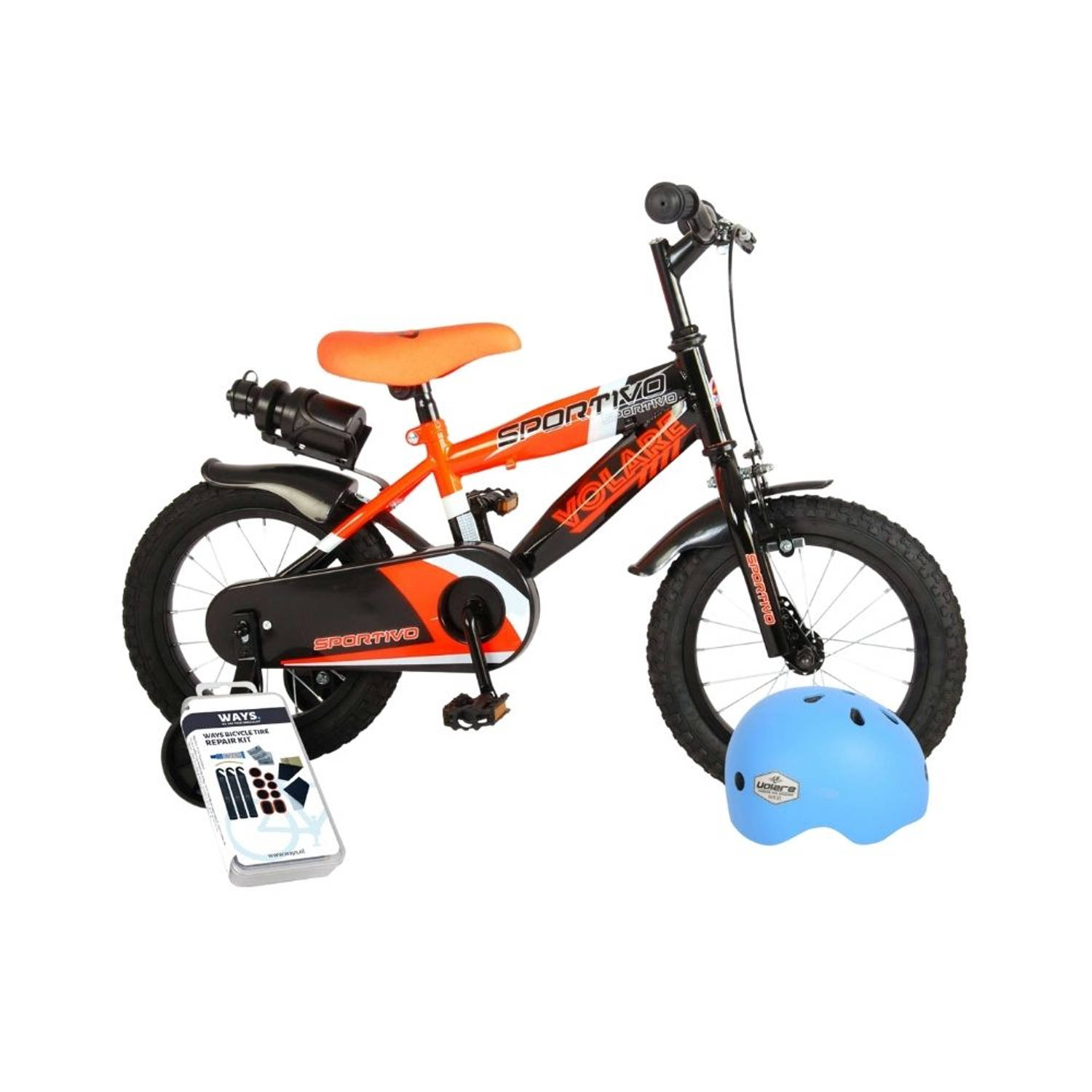 Volare Kinderfiets Sportivo - 14 inch - Oranje/Zwart - Inclusief fietshelm & accessoires