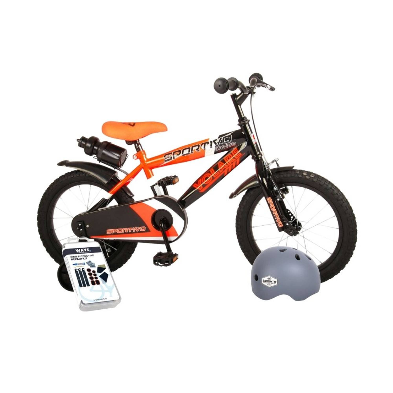 Volare Kinderfiets Sportivo - 16 inch - Oranje/Zwart - Met fietshelm en accessoires