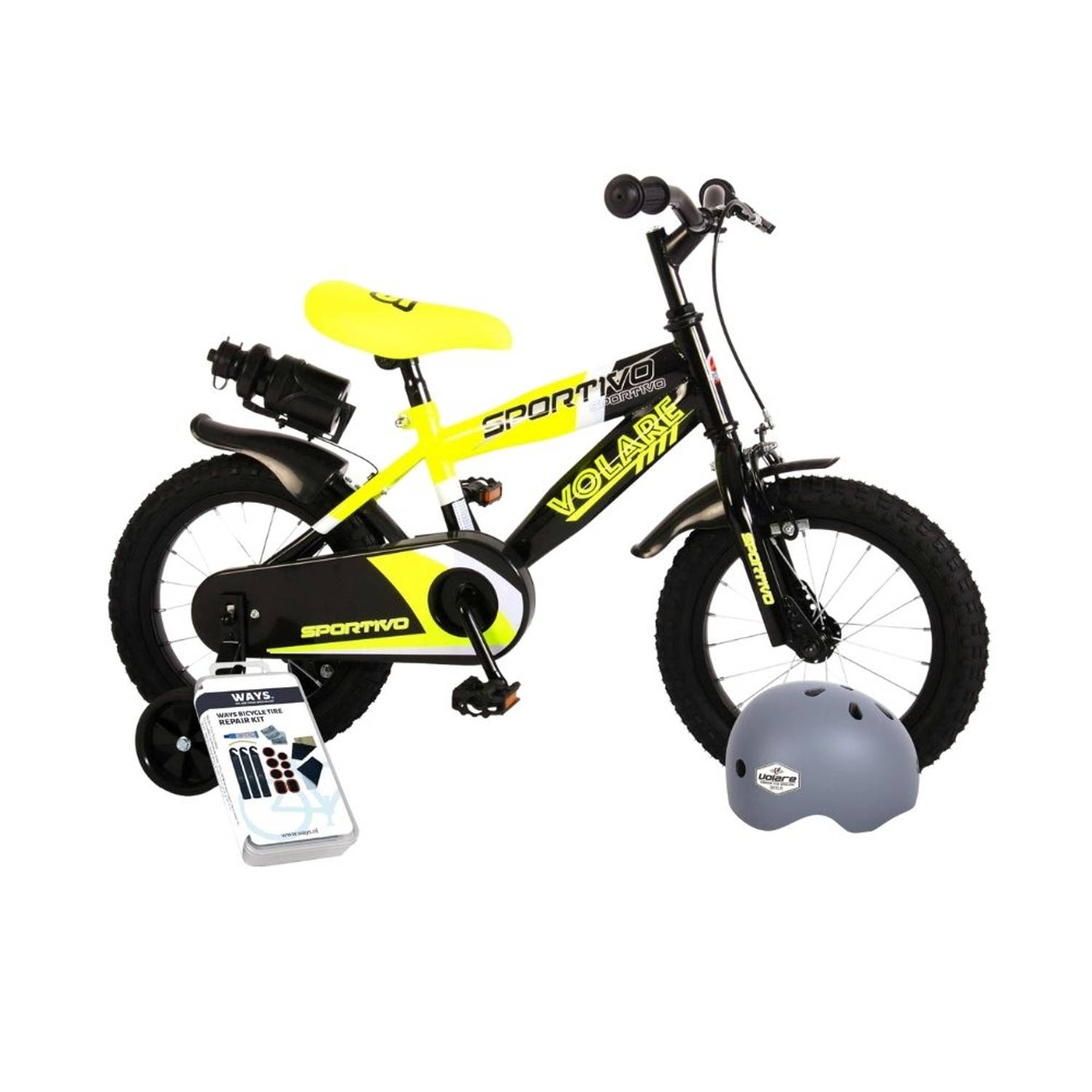 Volare Kinderfiets Sportivo - 14 inch - Geel/Zwart - Met fietshelm en accessoires