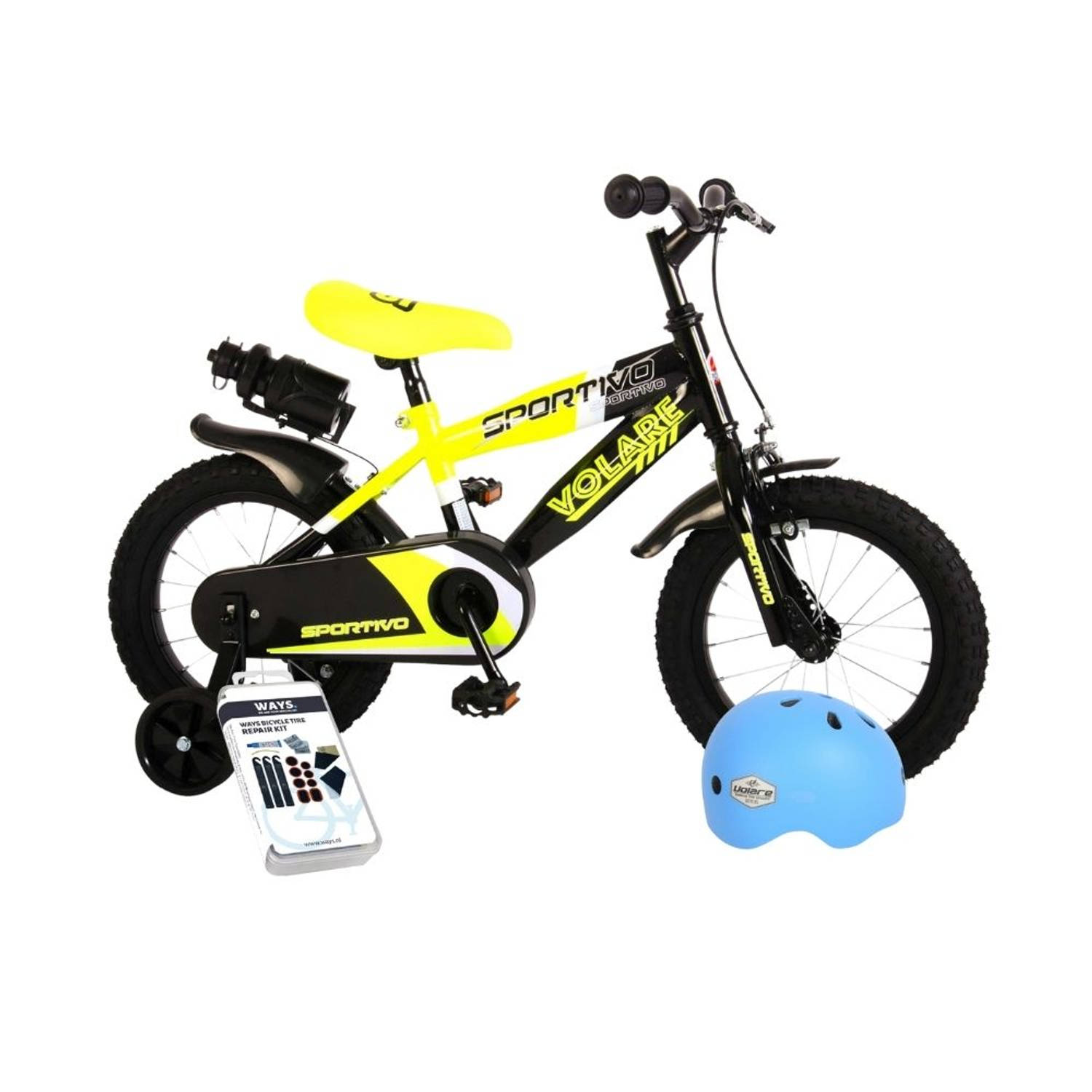 Volare Kinderfiets Sportivo - 14 inch - Geel/Zwart - Inclusief fietshelm & accessoires