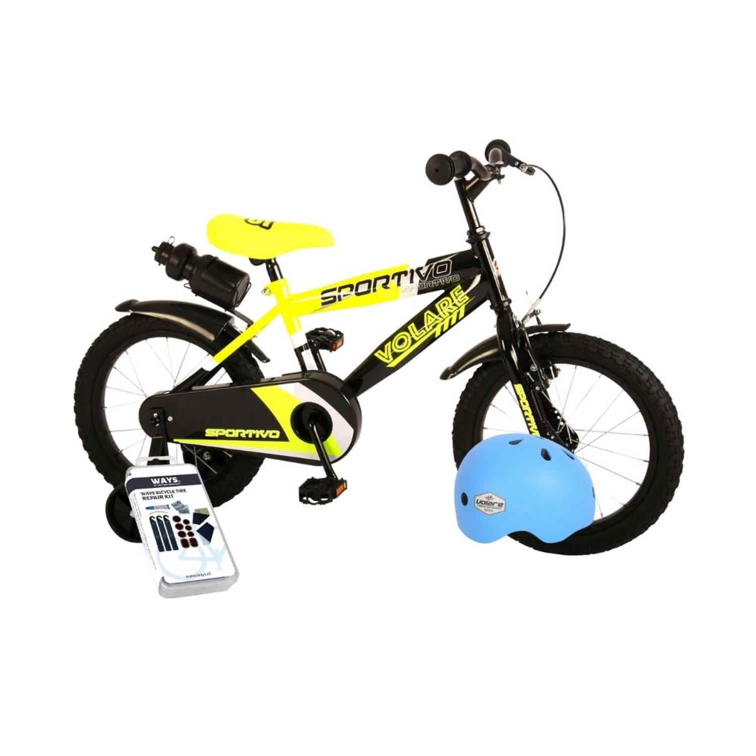 Volare Kinderfiets Sportivo - 16 inch - Geel/Zwart - Inclusief fietshelm & accessoires