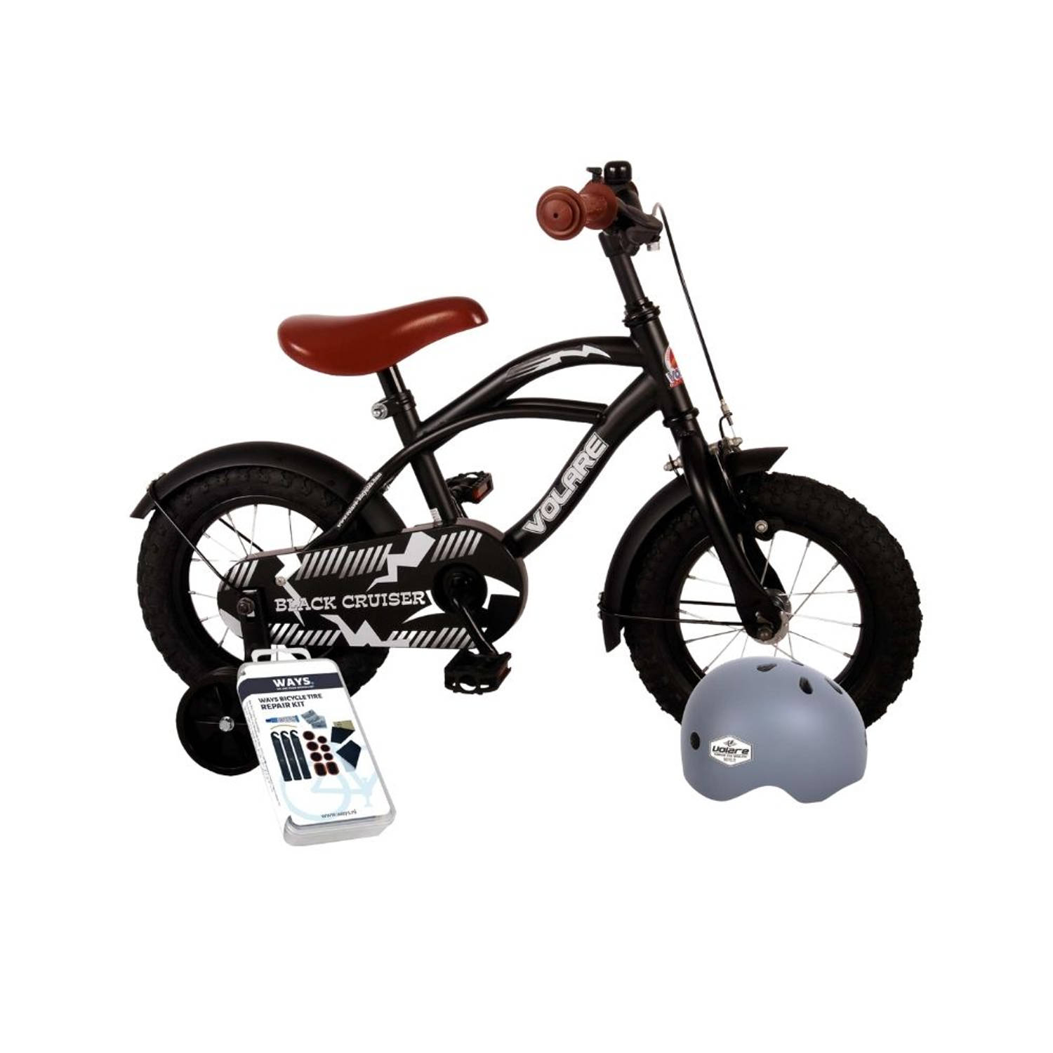 Volare Kinderfiets Black Cruiser - 12 inch - Zwart - Met fietshelm en accessoires