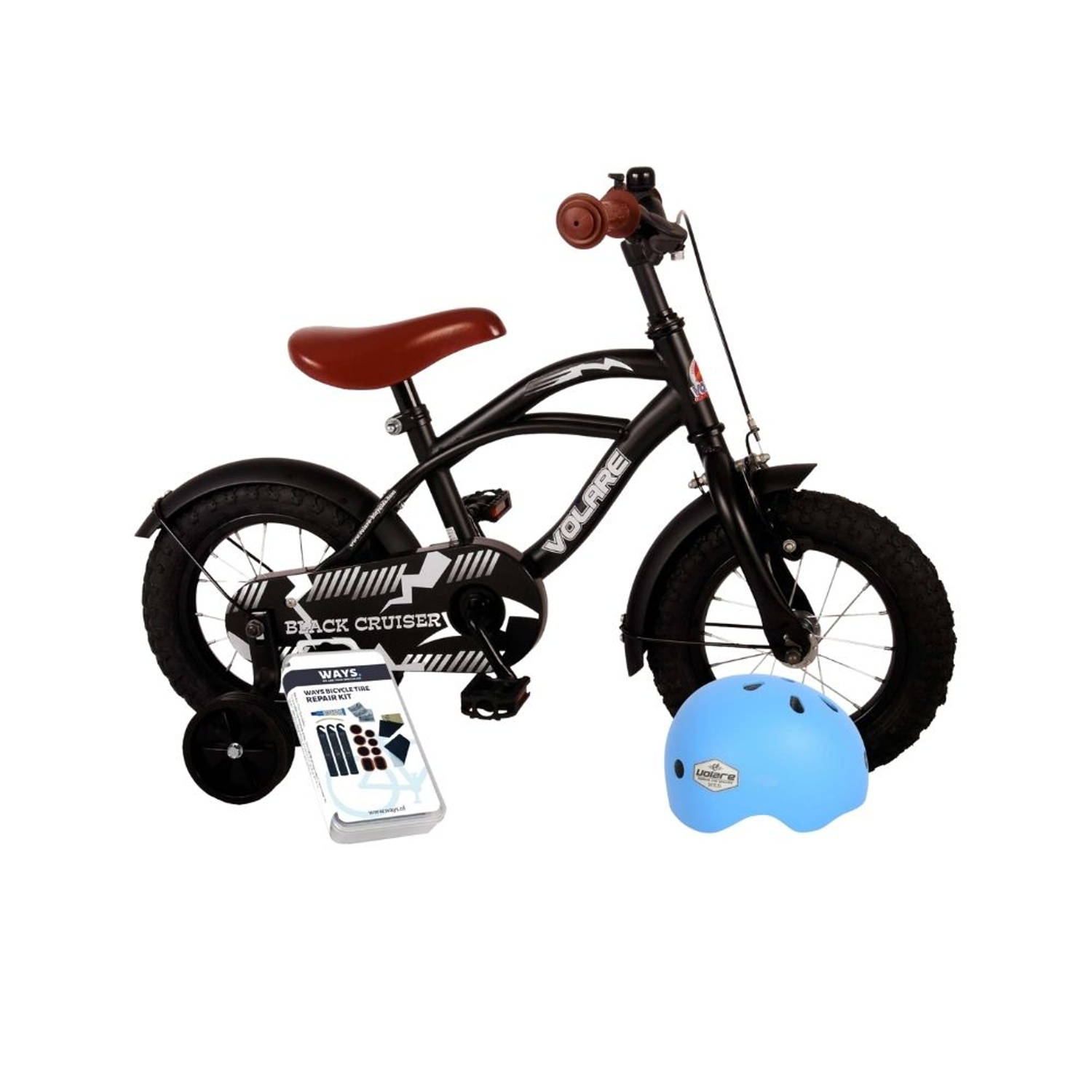 Volare Kinderfiets Black Cruiser - 12 inch - Zwart - Inclusief fietshelm & accessoires