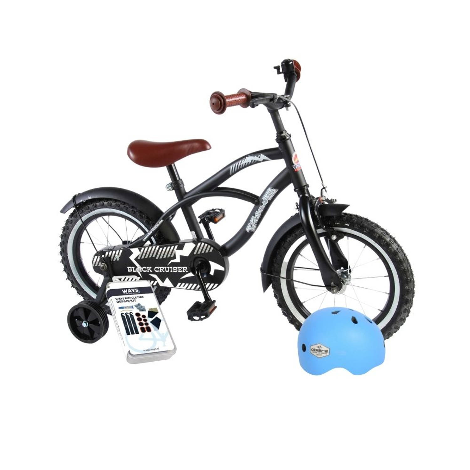 Volare Kinderfiets Black Cruiser - 14 inch - Zwart - Inclusief fietshelm & accessoires