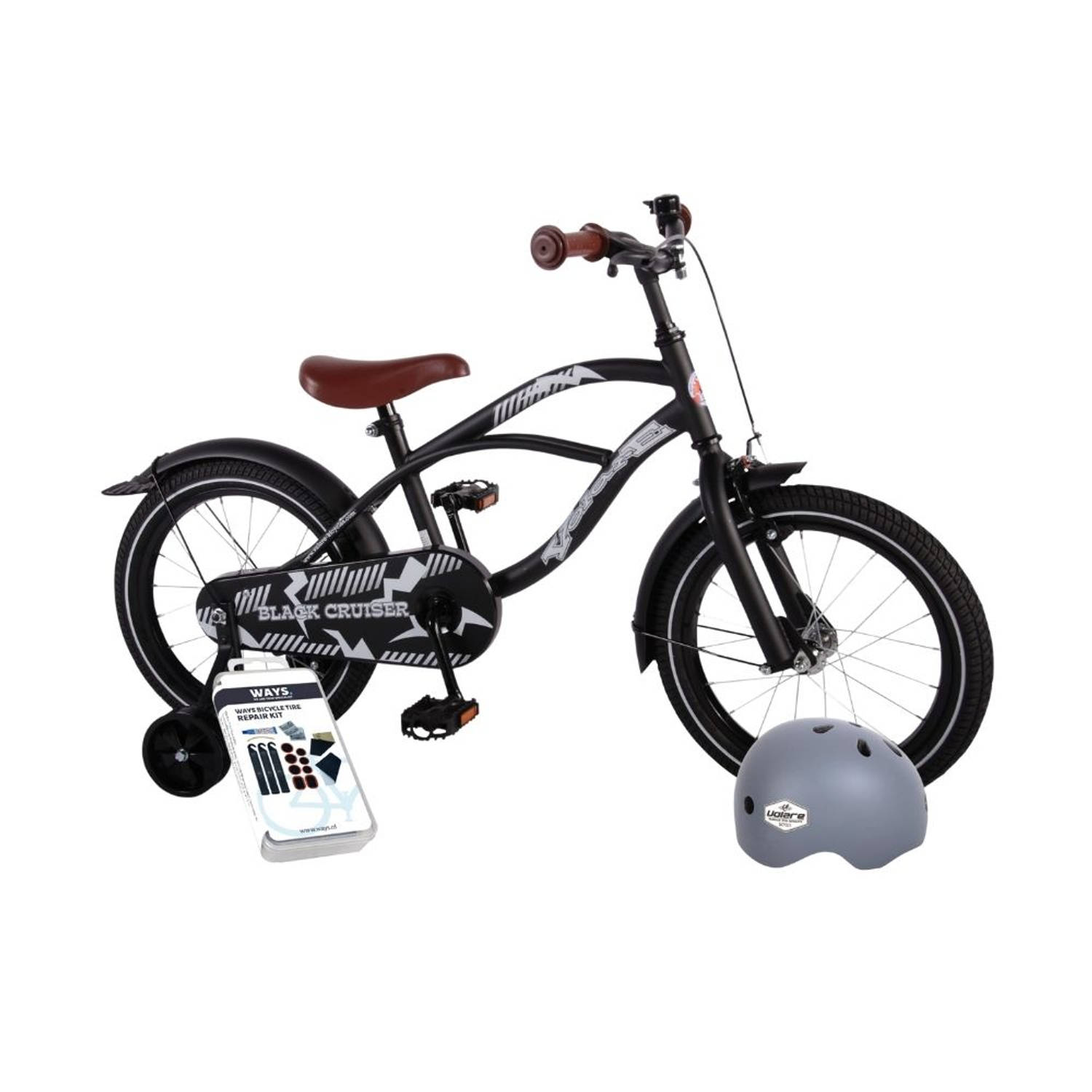 Volare Kinderfiets Black Cruiser - 16 inch - Zwart - Met fietshelm en accessoires