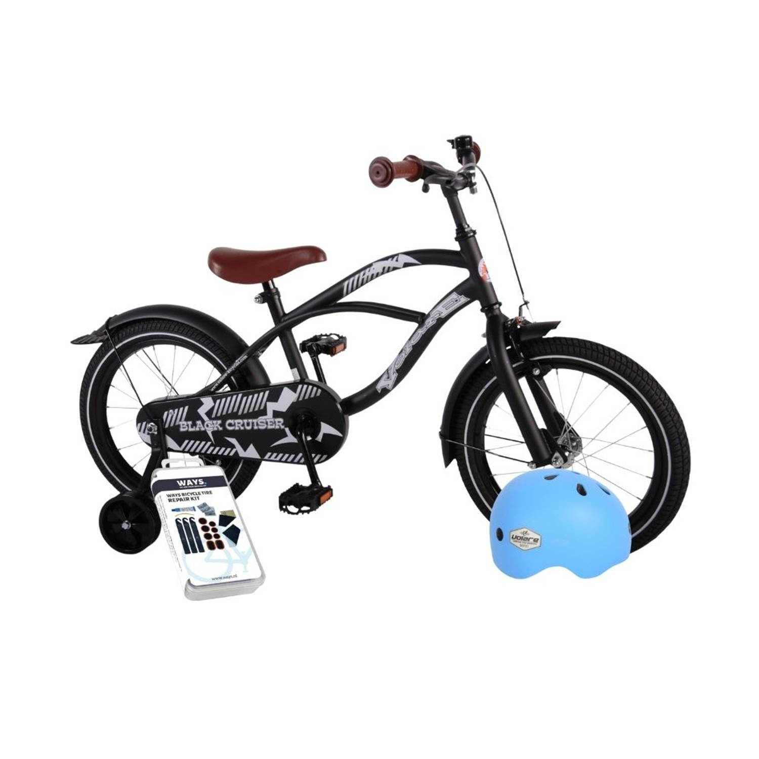Volare Kinderfiets Black Cruiser - 16 inch - Zwart - Inclusief fietshelm & accessoires