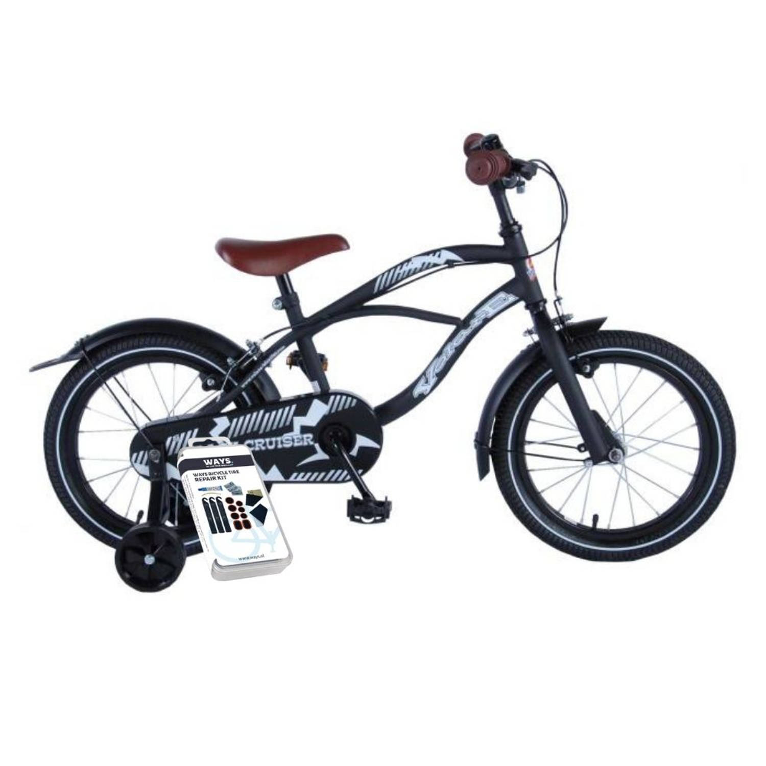 Volare Kinderfiets Black Cruiser - 16 inch - Zwart - Twee handremmen - Inclusief WAYS Bandenplakset