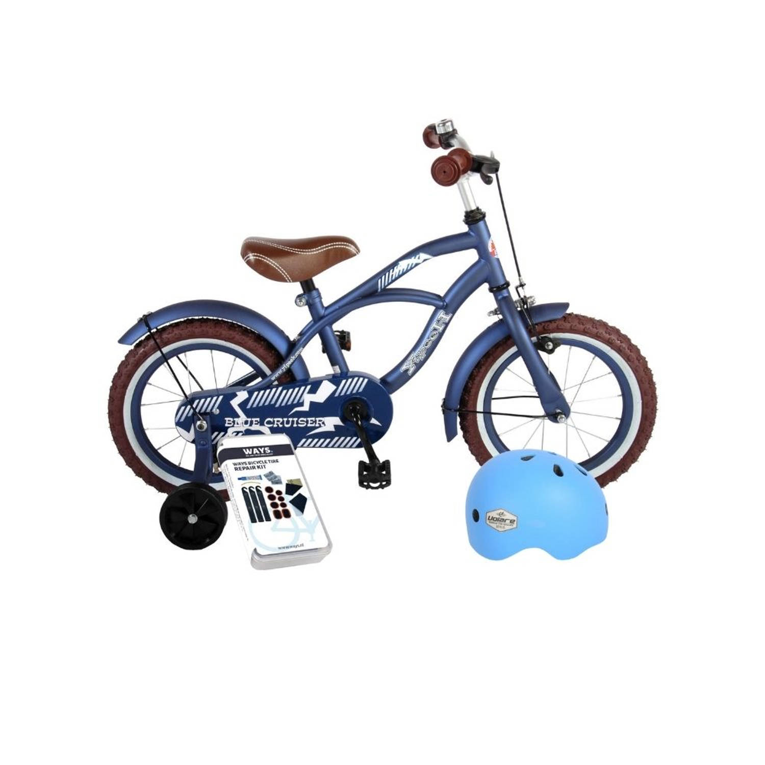 Volare Kinderfiets Blue Cruiser - 14 inch - Blauw - Inclusief fietshelm & accessoires