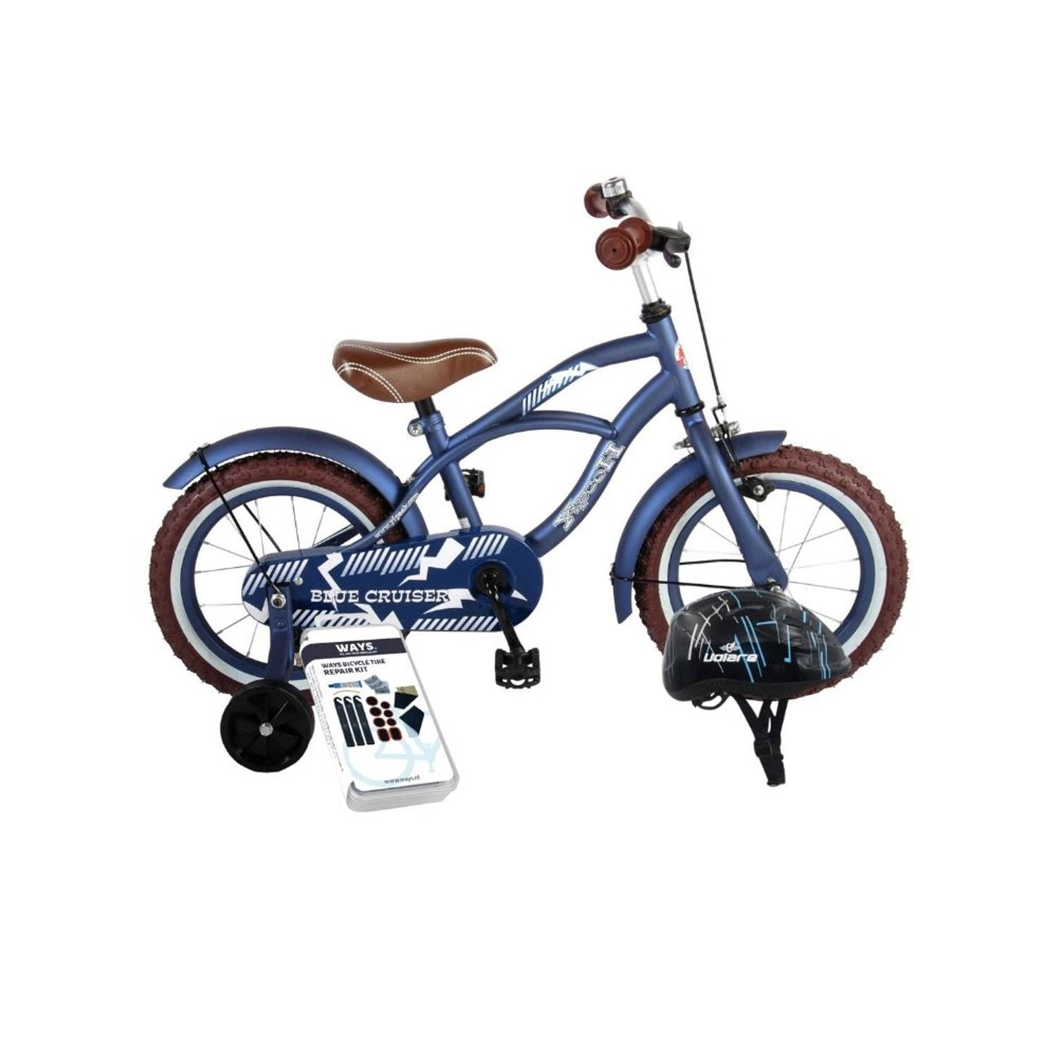 Volare Kinderfiets Blue Cruiser - 14 inch - Blauw - Met fietshelm & accessoires