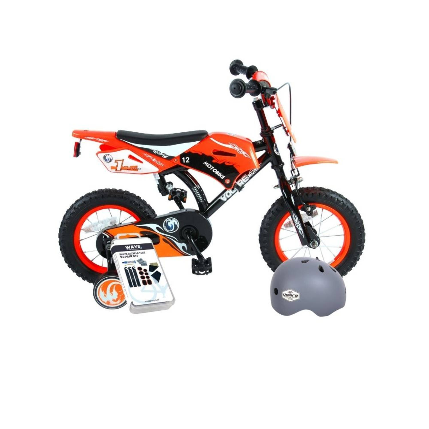 Volare Kinderfiets Motorbike - 12 inch - Oranje - Met fietshelm en accessoires