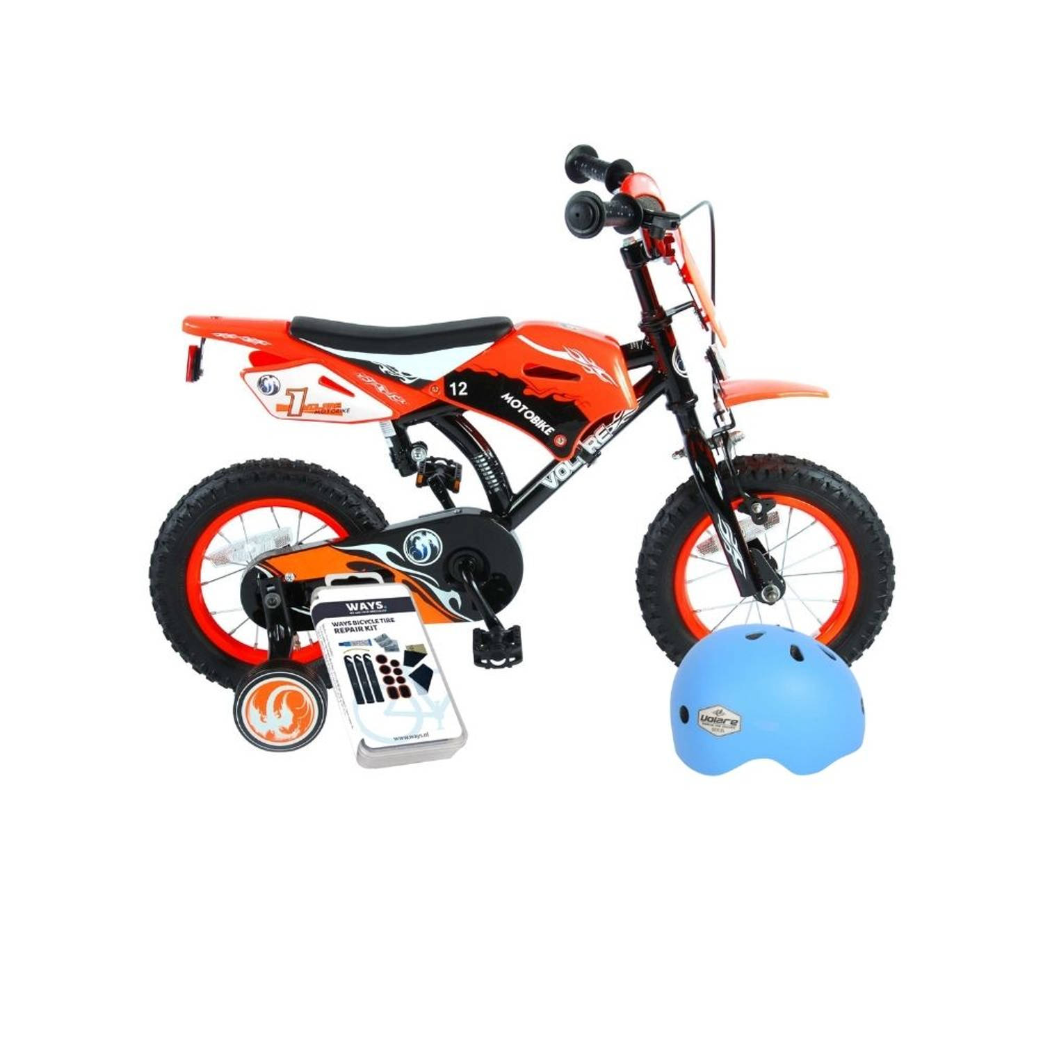 Volare Kinderfiets Motorbike - 12 inch - Oranje - Inclusief fietshelm & accessoires