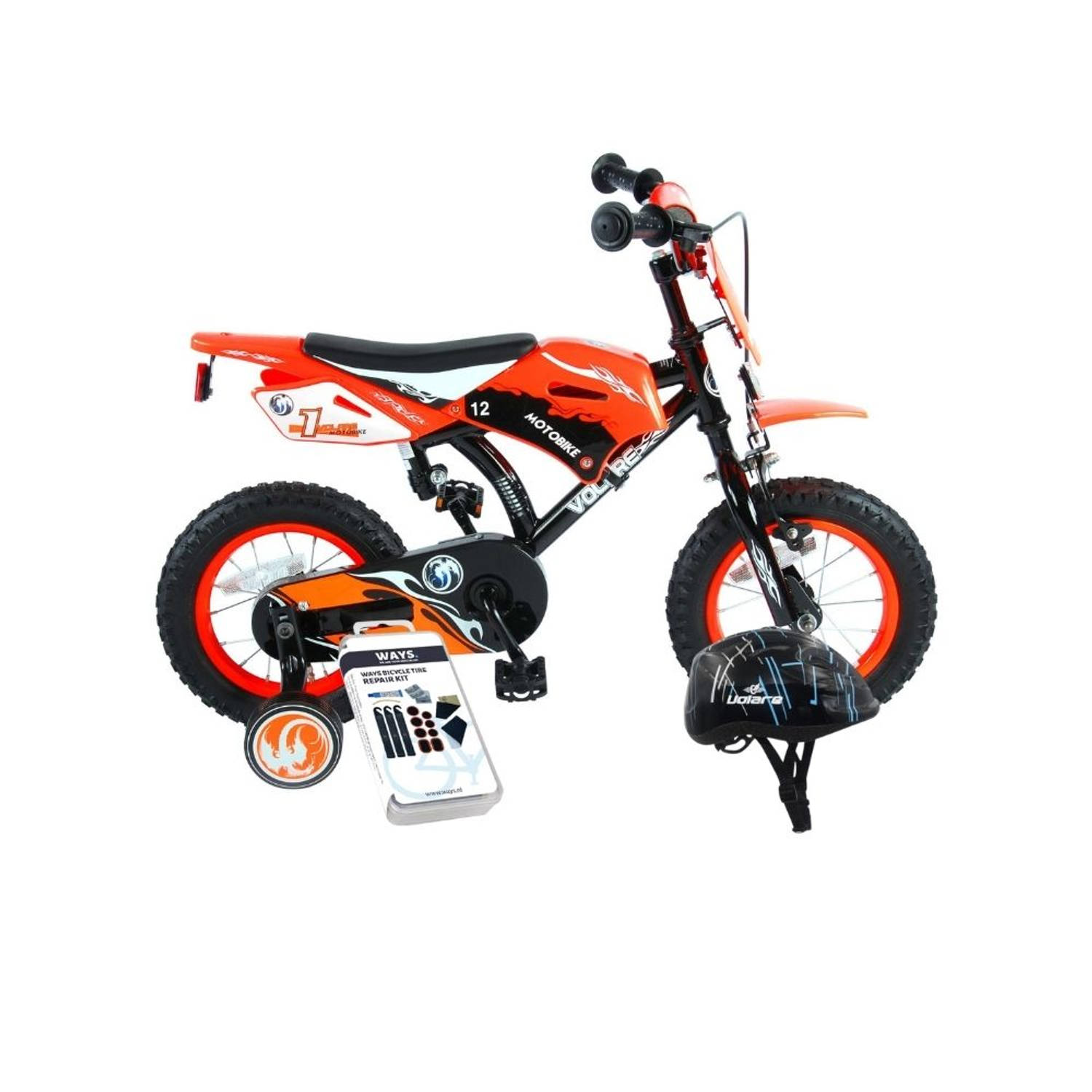 Volare Kinderfiets Motorbike - 12 inch - Oranje - Met fietshelm & accessoires