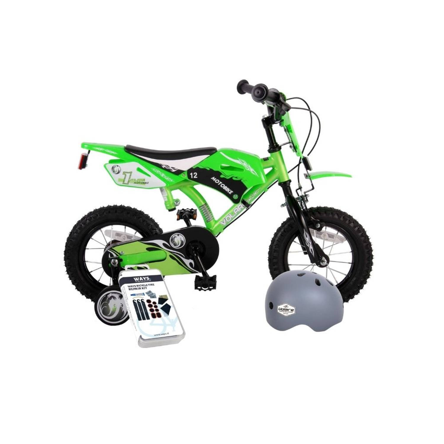 Volare Kinderfiets Motorbike - 12 inch - Groen - Twee handremmen - Met fietshelm en accessoires