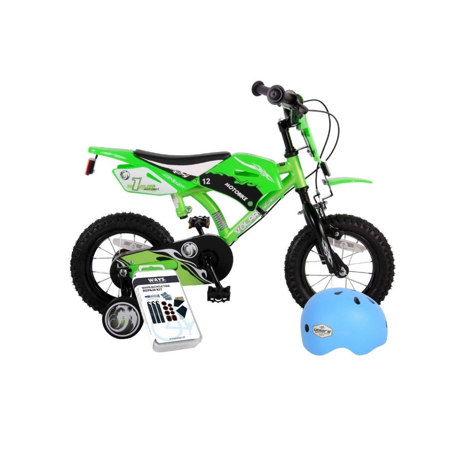 Volare Kinderfiets Motorbike - 12 inch - Groen - Twee handremmen - Inclusief fietshelm & accessoires