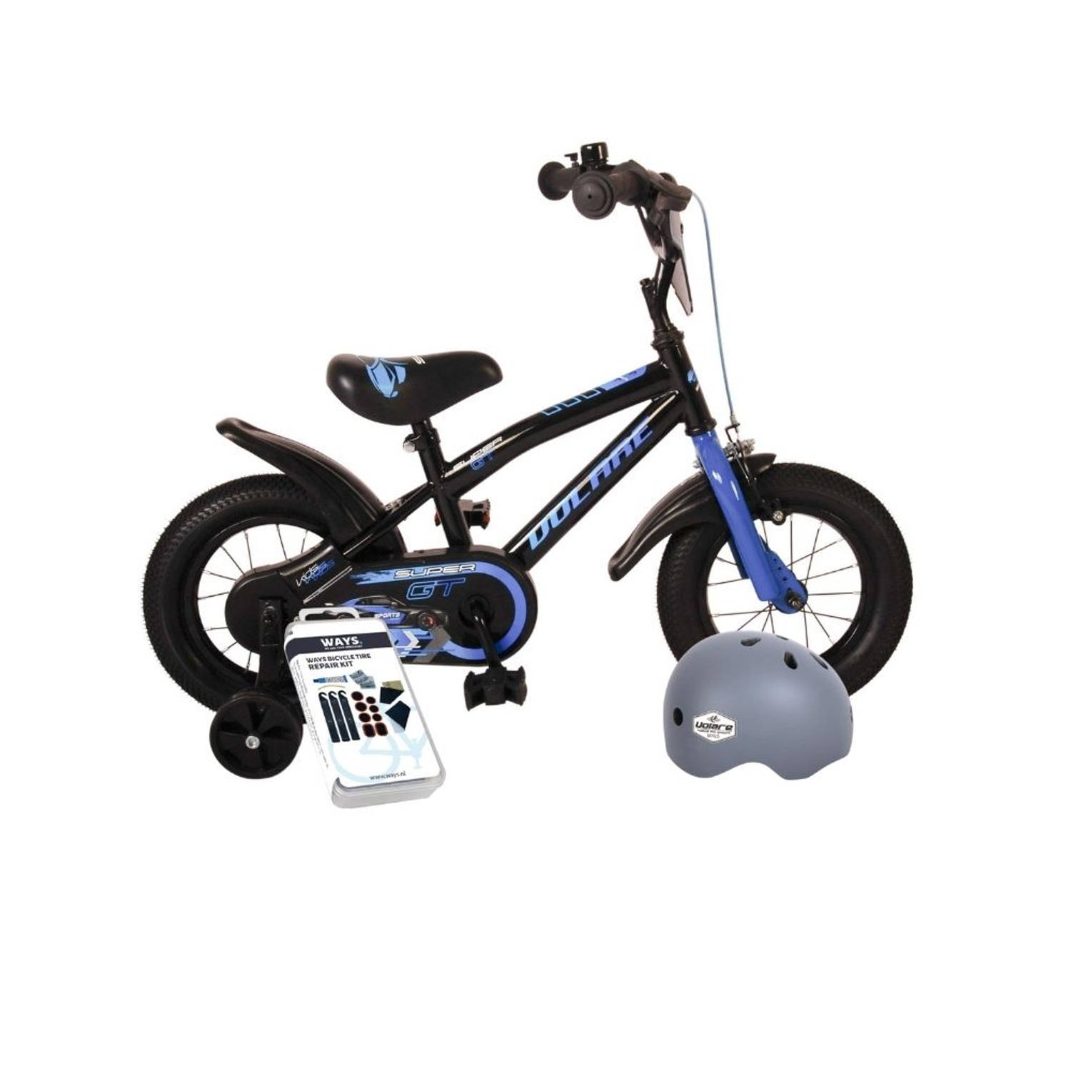 Volare Kinderfiets Super GT - 12 inch - Blauw - Met fietshelm en accessoires